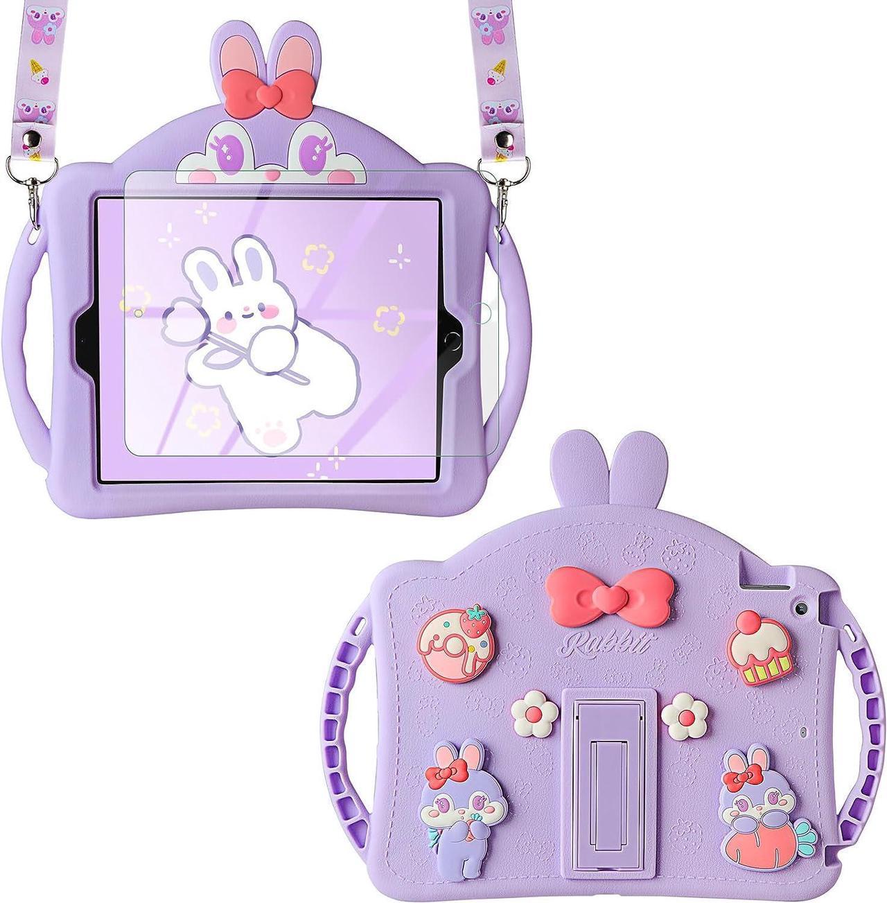 for iPad 9th Generation Case iPad 8th 7th Generation Cases 10.2 inch for Kids Girls with Screen Protector Shoulder Strap Kickstand Cute Rabbit Silicone Cover for iPad 10.2 Case Purple