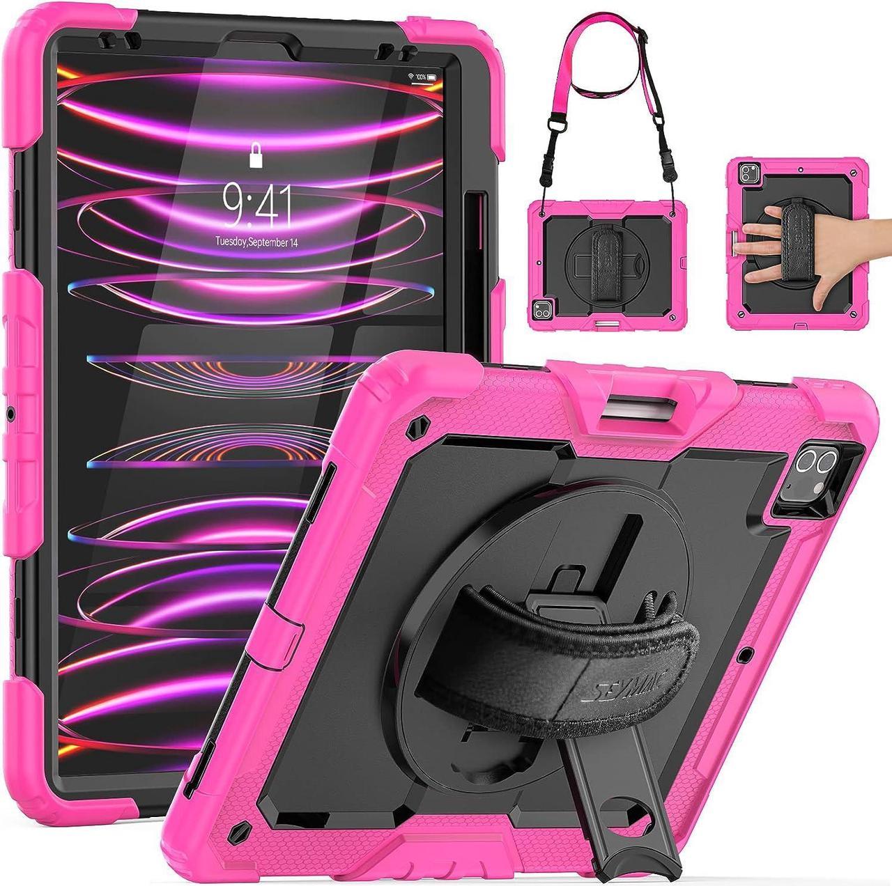 iPad Pro 12.9 Case 2022/2021/ 2020/2018, Heavy Duty Protection Shockproof Case with Screen Protector, Rotating Stand/Handle/Shoulder Strap/Pencil Holder for iPad 12.9 Inch, Pink