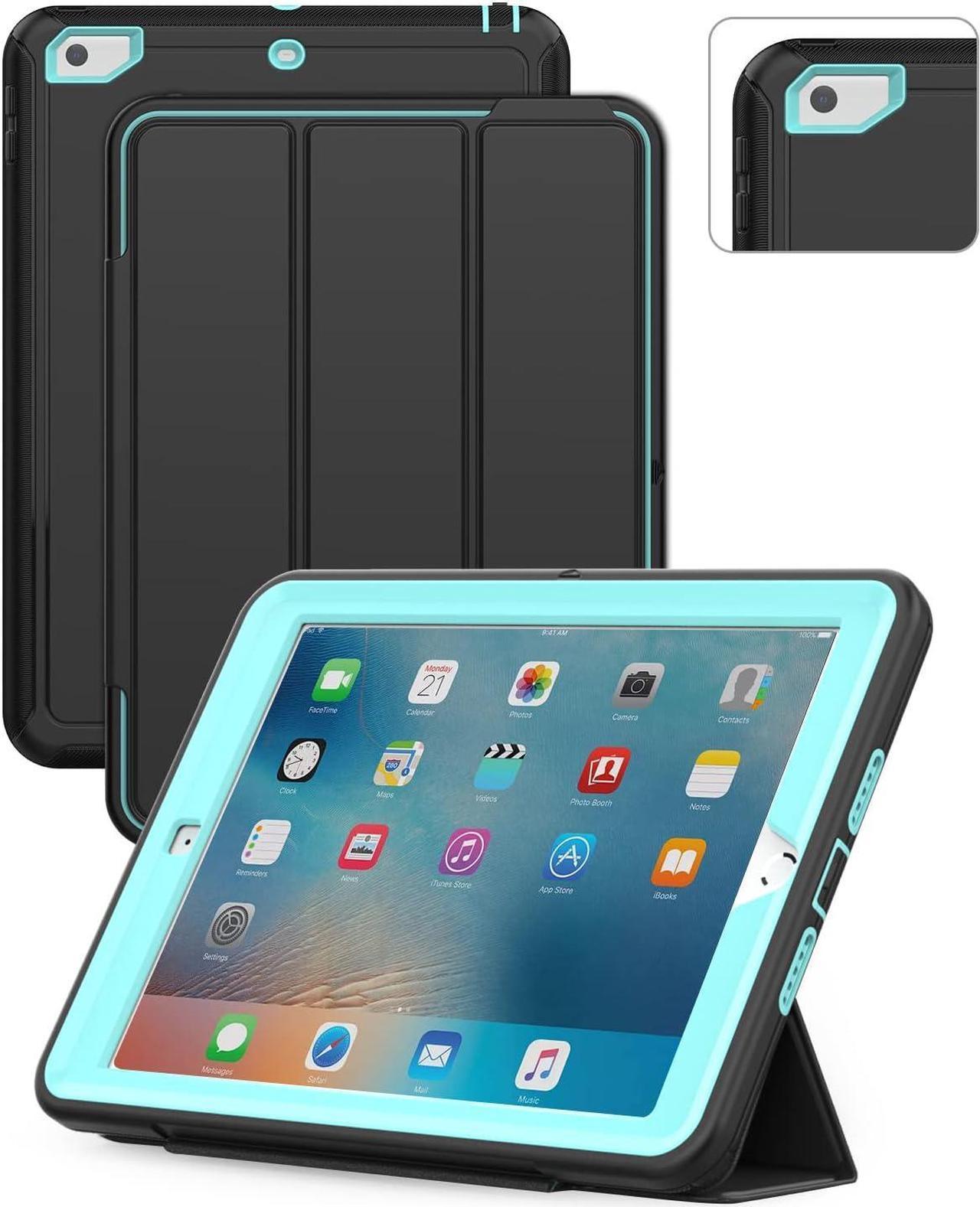 iPad 6th/5th Generation Case, Durable Sturdy Heavy Duty Shockproof Protection Folio Stand Case with Smart Cover Auto Sleep/Wake for iPad 9.7 Case, Black/Light Blue