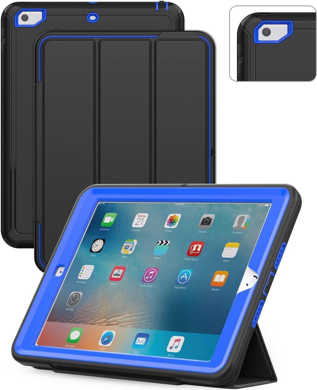 iPad 6th/5th Generation Case, Durable Sturdy Heavy Duty Shockproof Protection Folio Stand Case with Smart Cover Auto Sleep/Wake for iPad 9.7 inch Case, Black/Blue