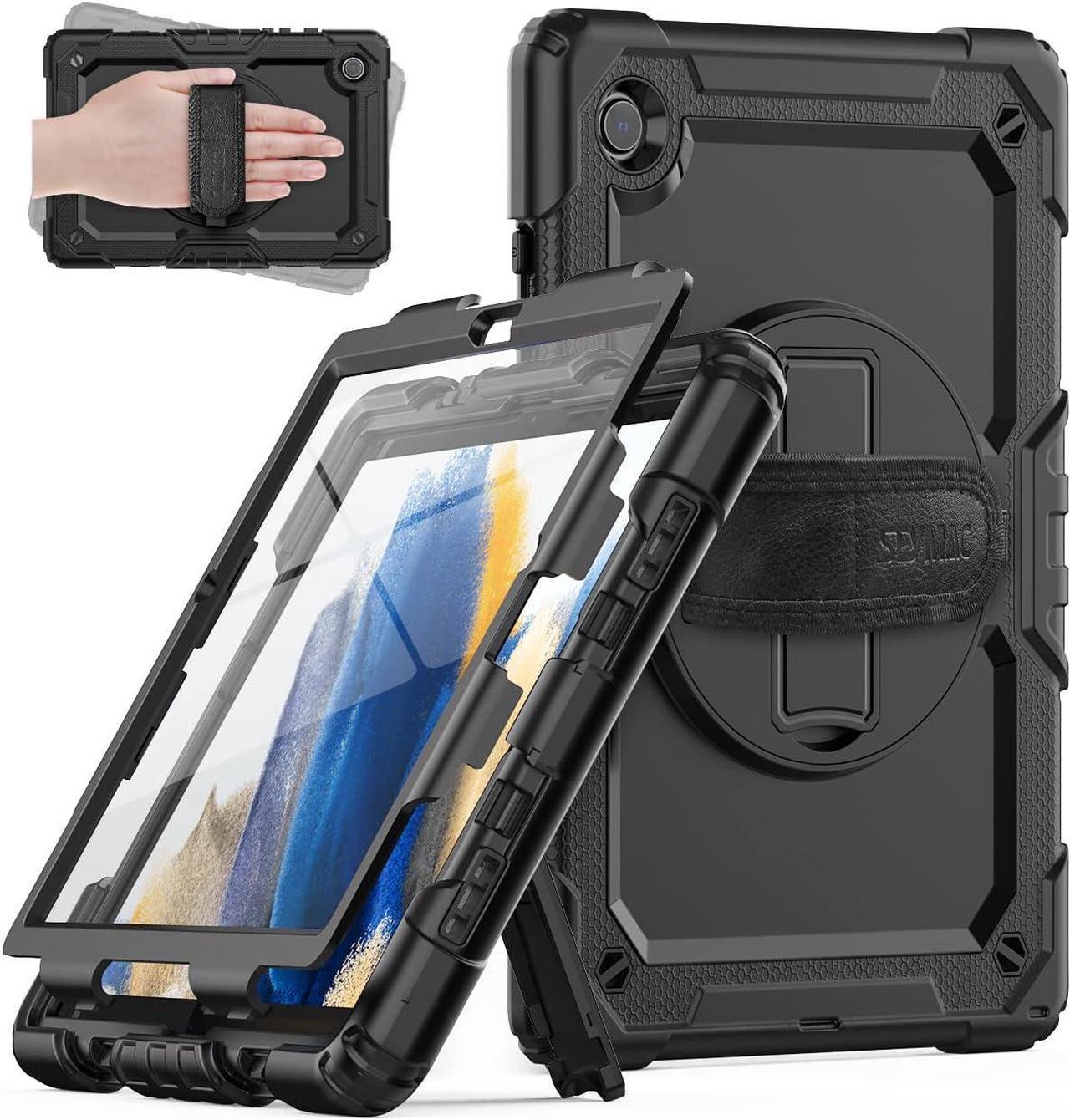 for Samsung Galaxy Tab A8 Case 10.5 Inch (SM-X200/ X205/ X207), Heavy Duty Full-Body Shockproof Protective Case with Screen Protector, Rotating Stand, Hand/Shoulder Strap and Pen Holder, Black