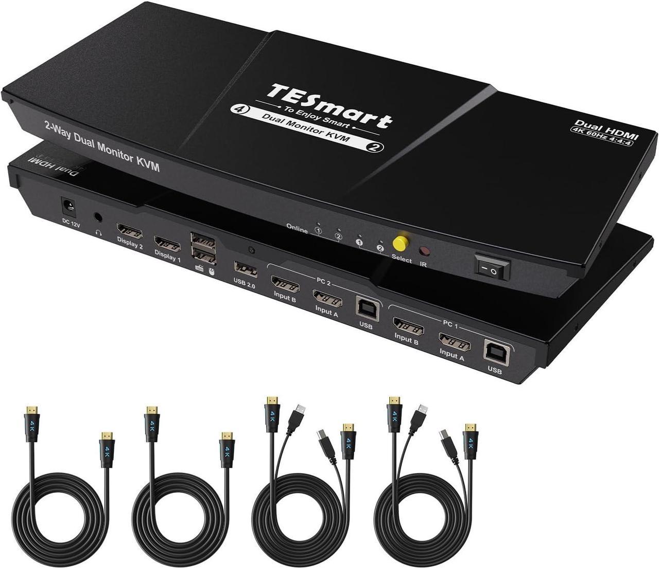 TESmart HDMI KVM Switch 2 Monitors 2 Computers 4K@60Hz, USB 2.0, Dual Monitor KVM Switch HDMI 2 Port Extended Display, EDID emulators, L/R Audio, Hotkey Switch, Button Switch with All Cables