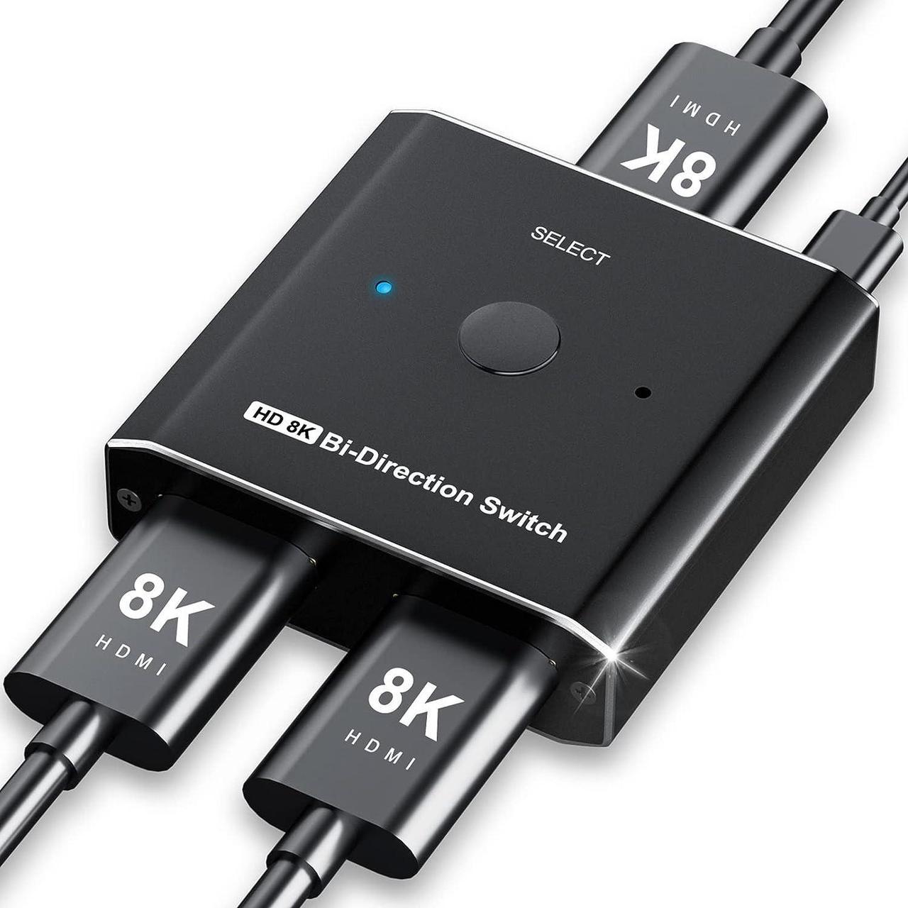 HDMI Switch Splitter 8K @ 60Hz Bi-Directional, 2 in 1 Out or 1 in 2 Out HDMI 2.1 Switch Splitter, Button Switch with EDID Adaptive , Compatible with The Xbox Series PS5, Plug and Play