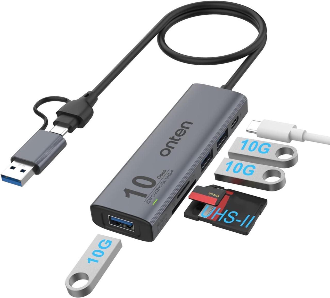 Onten Dual-Slot UHS-II SD4.0 Card Reader.10Gbps USB C to USB Hub Adapter,USB Hub with 3*USB 3.2 GEN 2(10Gbps) Port and UHS-II SD/TF4.0.Compatible with Mac OS iPad OS,Windows,Android,and Linux.