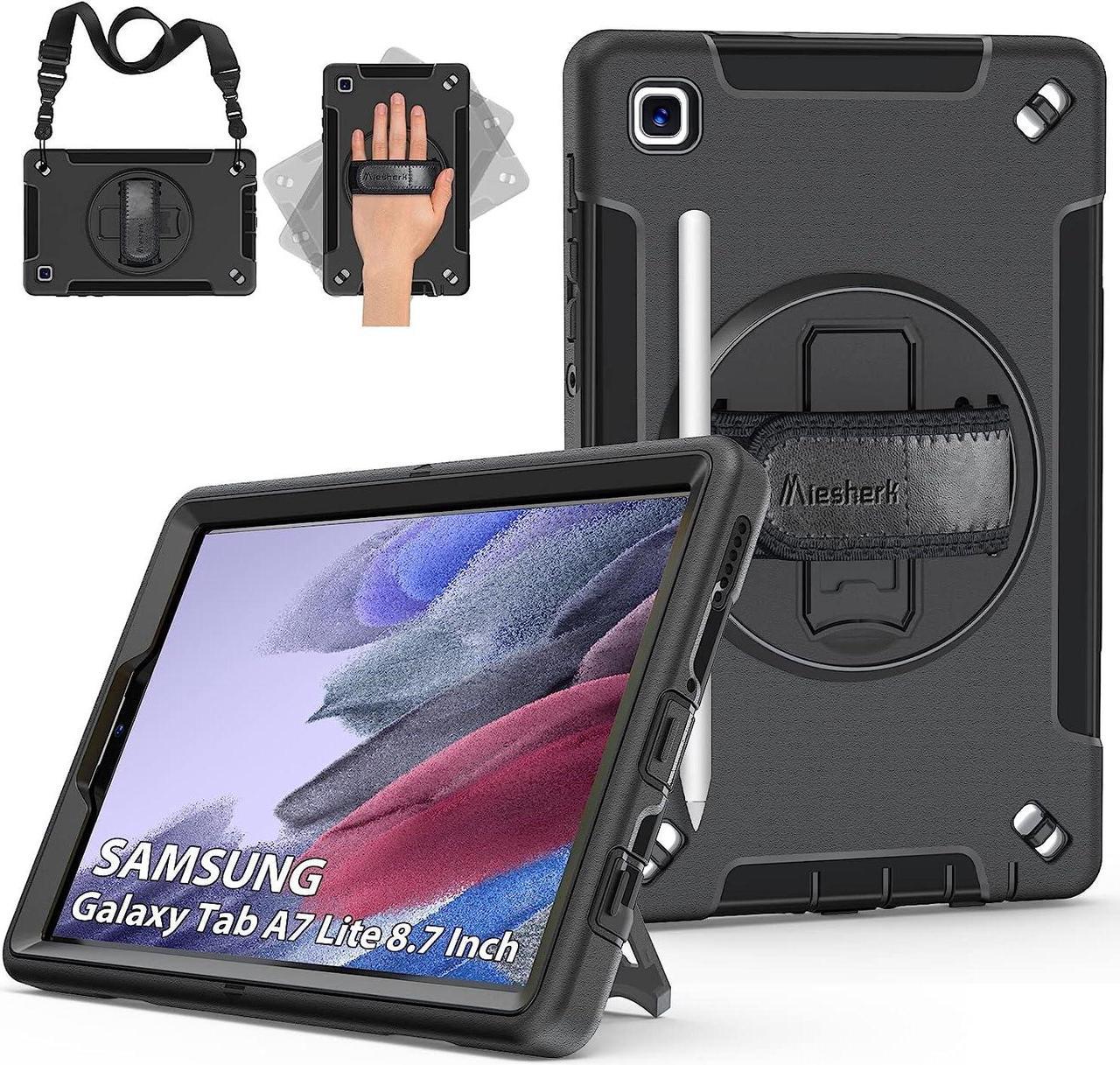 Galaxy Tab A7 Lite Case, Military Grade Heavy Duty Shockproof Case with Hand/Shoulder Strap Rotating Kickstand for Samsung Galaxy Tab A7 Lite 8.7 Inch 2021, Black