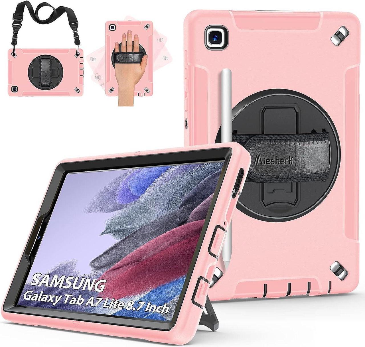 Case for Galaxy Tab A7 Lite, Military Grade Heavy Duty Shockproof Case with Hand/Shoulder Strap Rotating Kickstand for Samsung Galaxy Tab A7 Lite 8.7 Inch 2021, Pink