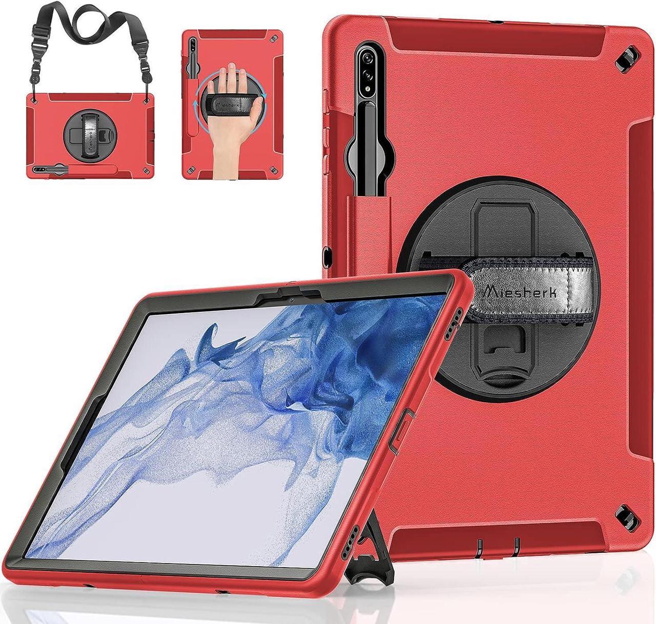 Case for Galaxy Tab S7 FE/S8 Plus/S7 Plus, Rugged Shockproof Case for Samsung Galaxy Tab S7 FE/S8 Plus/S7 Plus 12.4 Inch with Hand/Shoulder Strap-S Pen Holder-Rotating Kickstand, Red