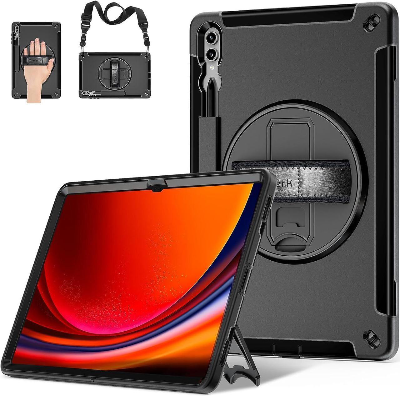 Case for Galaxy Tab S9 Ultra: Military Grade Shockproof Case with Hand/Shoulder Strap-S Pen Holder-Rotating Kickstand for Samsung Galaxy S9 Ultra 14.6 Inch Black