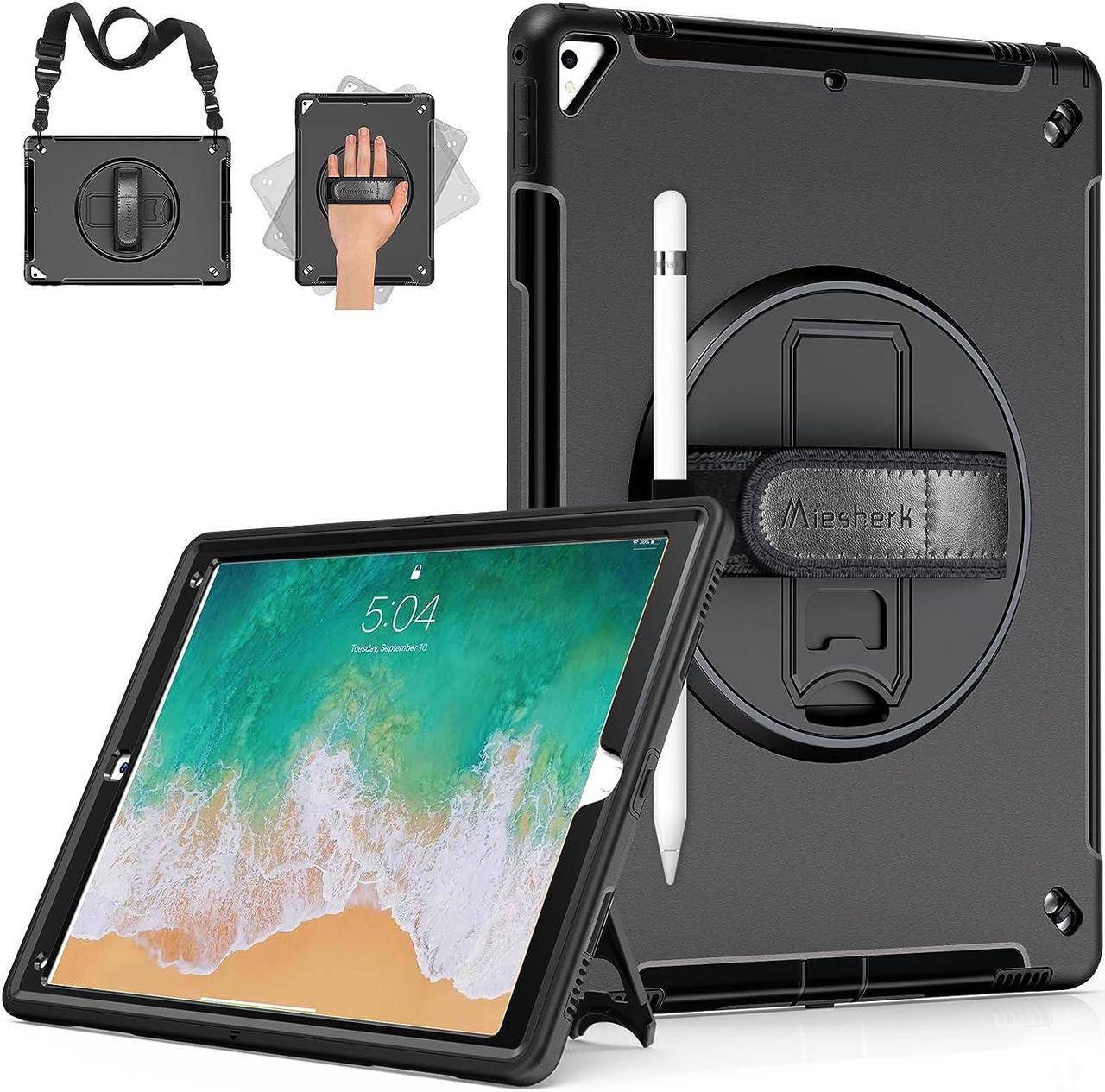 Case for iPad Pro 12.9 2nd Generation 2017 & 2015 1st Generation, Heavy Duty Rugged Shockproof Protective Cover w/360°Rotating Stand/Hand/Shoulder Strap/Pencil Holder Black