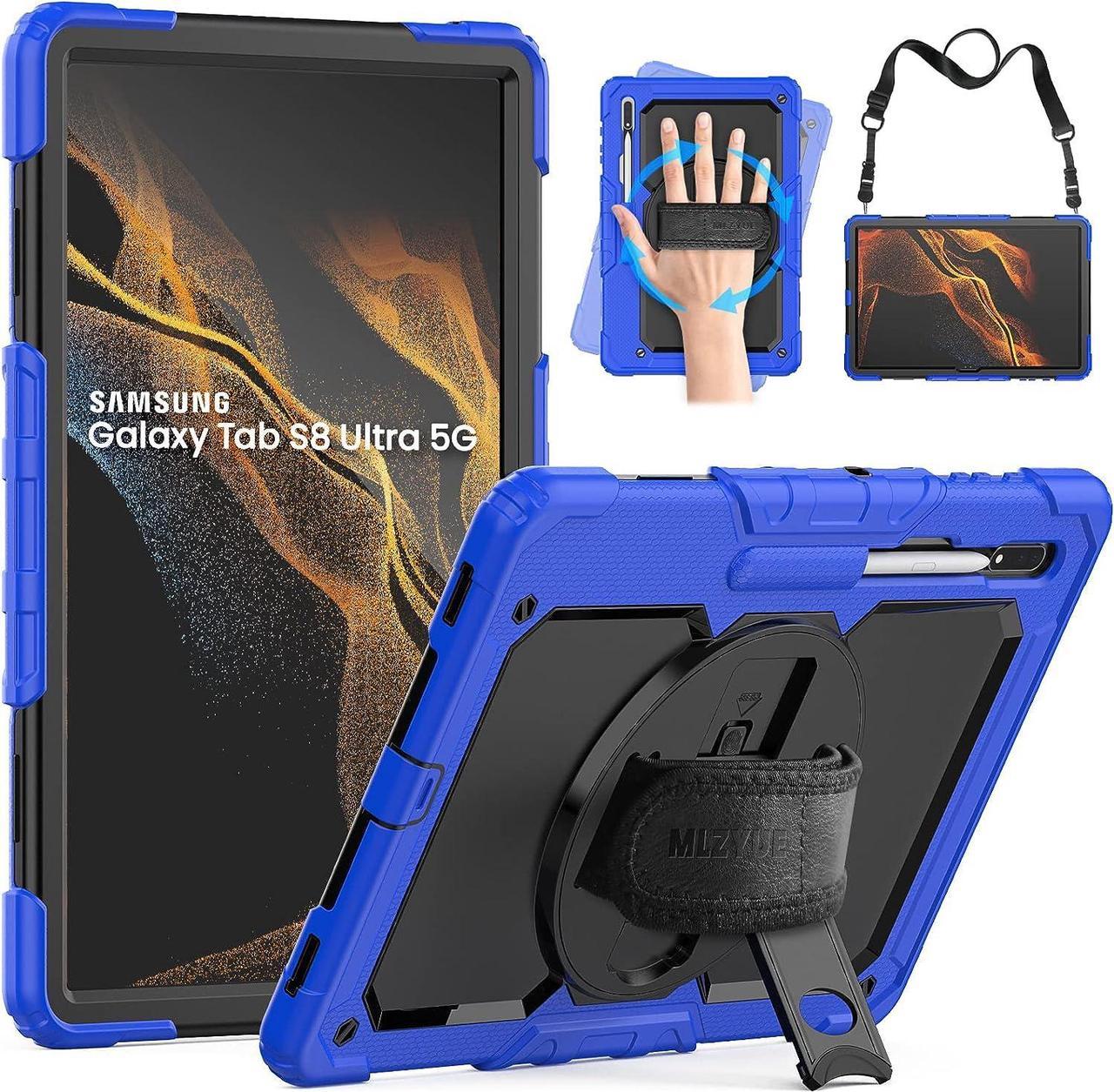 Full Body Protective Case for Samsung Galaxy Tab S8 Ultra 14.6'', 3-Layer Rugged Military Grade Shockproof Case for Tab S8 Ultra with 360° Swivel Handle, S-Pen Holder, Shoulder Strap, Sky Blue