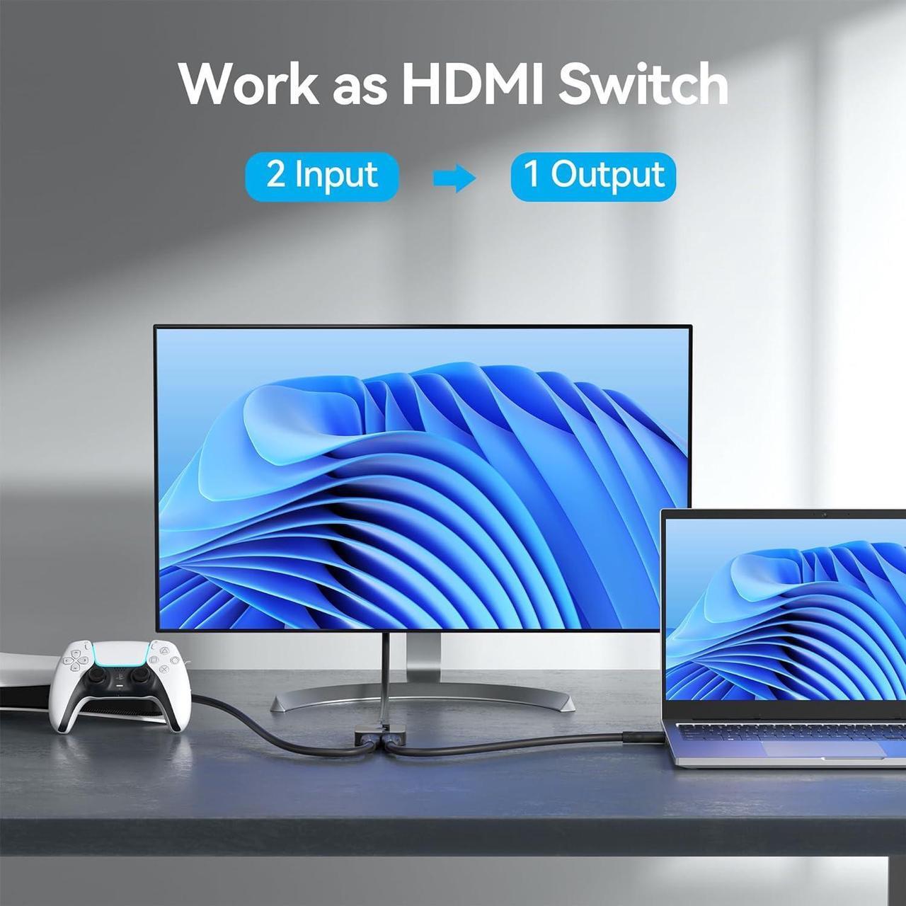 Alt view image 2 of 7 - HDMI Switch 4k@60Hz, VENTION HDMI Switcher 2 in 1 Out Bi-Directional 1 in 2 Out Manual HDMI Switch Supports HDCP 2.2 HDR 3D Compatible with PS5/4 Xbox Blu-Ray Player Fire Stick Roku HDTV Monitor