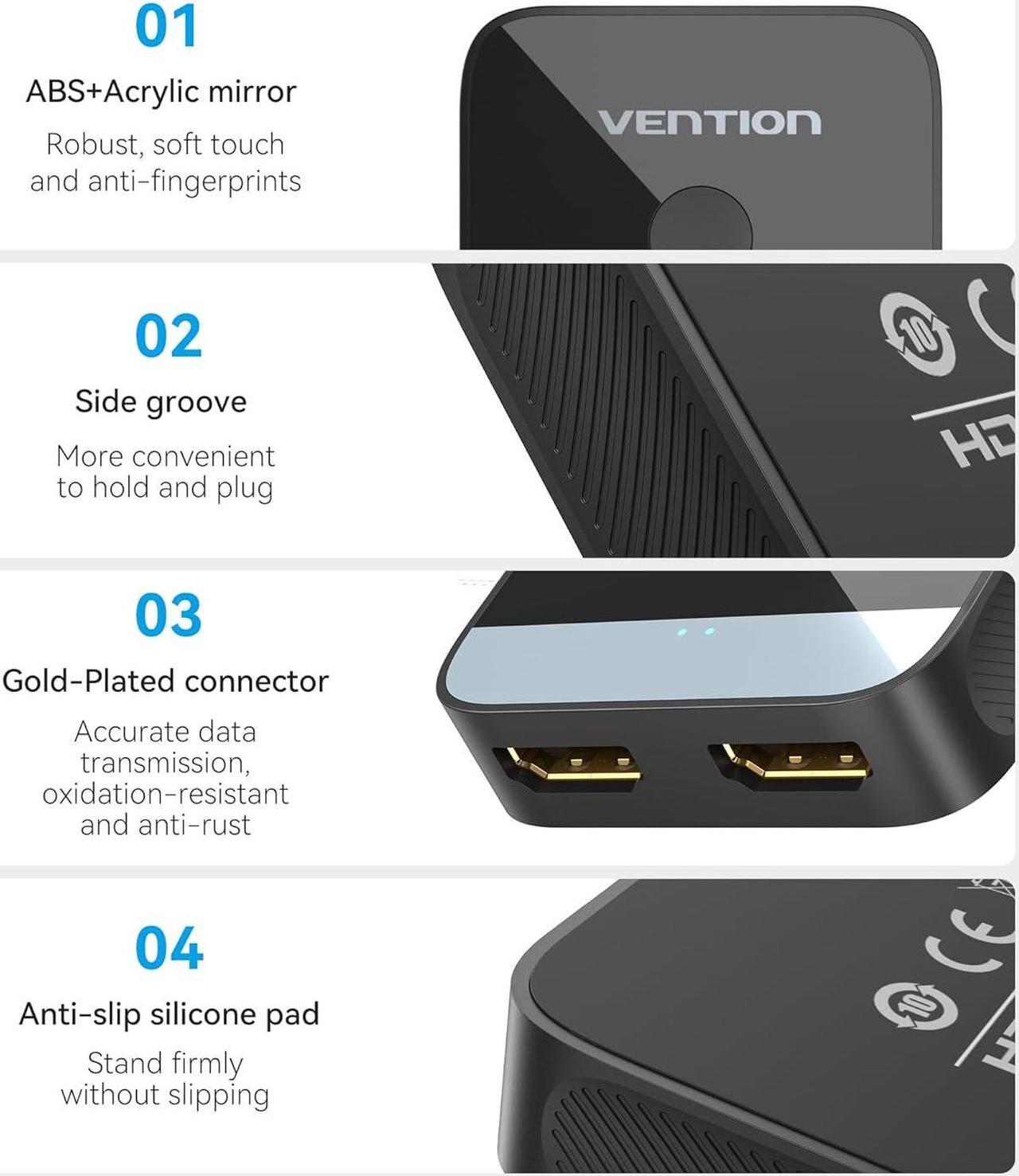Alt view image 6 of 7 - HDMI Switch 4k@60Hz, VENTION HDMI Switcher 2 in 1 Out Bi-Directional 1 in 2 Out Manual HDMI Switch Supports HDCP 2.2 HDR 3D Compatible with PS5/4 Xbox Blu-Ray Player Fire Stick Roku HDTV Monitor