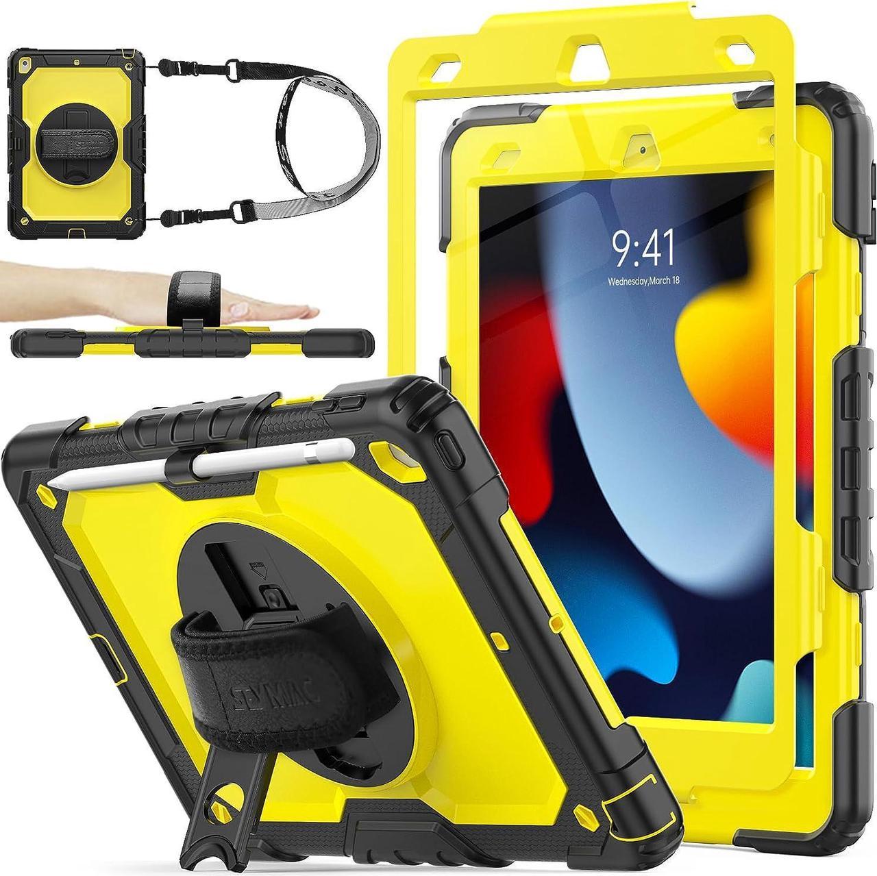 Pad 9th/ 8th/ 7th Generation Case 10.2'', Shockproof Case with Screen Protector Pencil Holder [360° Rotating Hand Strap] &Stand, Case for Pad 10.2 inch 2021/2020/2019 (Brightorange)