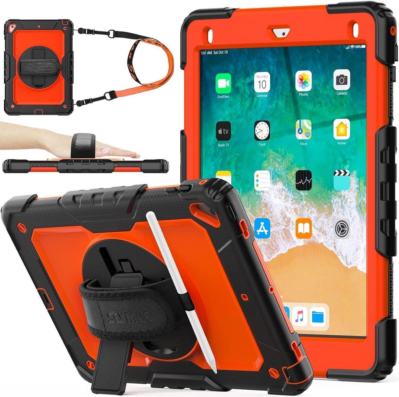 Pad 6th/5th Generation Case 9.7 with Screen Protector Pencil Holder [360 Rotating Hand Strap] &Stand, Drop-Proof Case for Pad 6th/5th/ Air 2/ Pro 9.7 (Orange+Black)