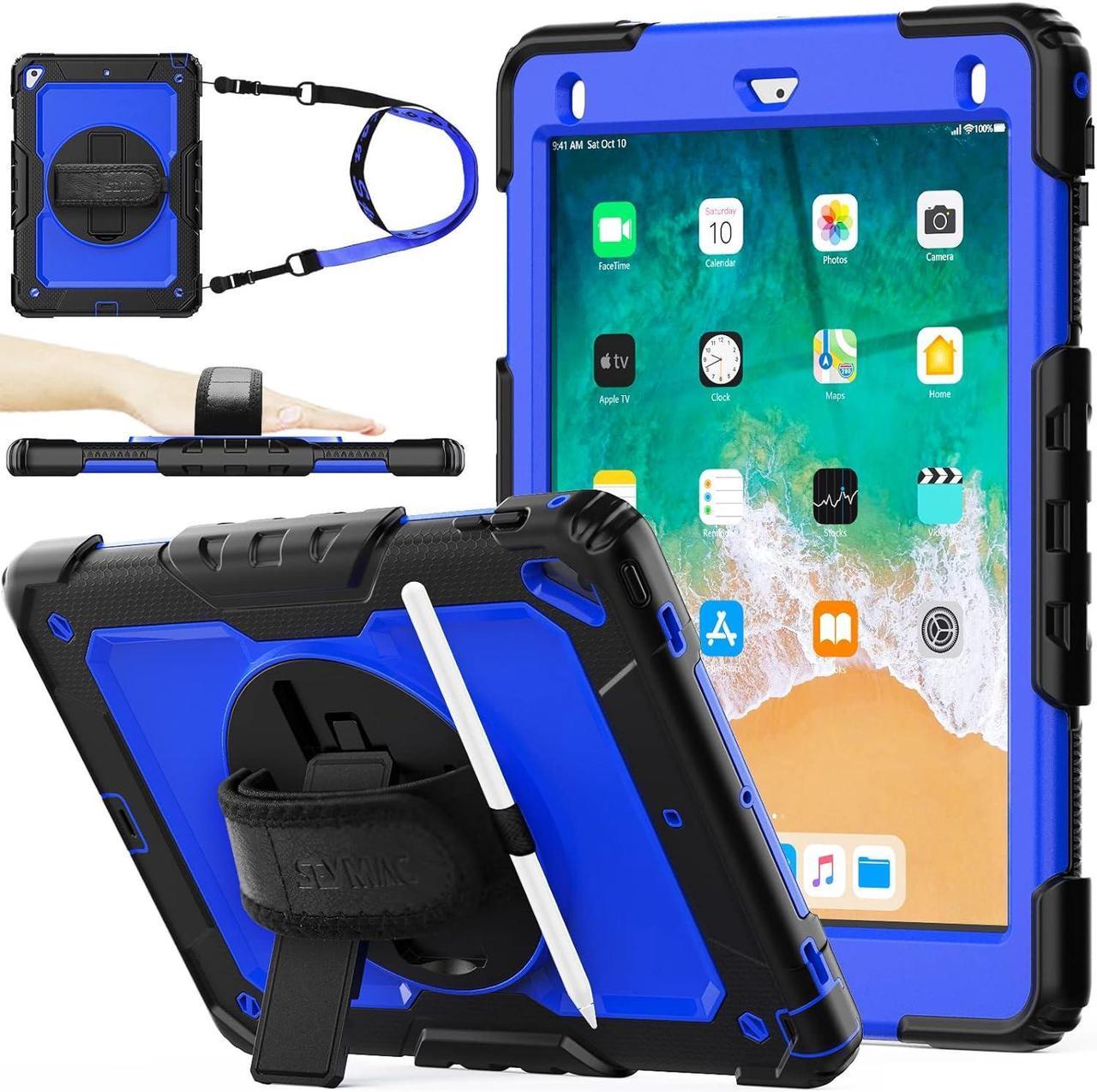 Pad 6th/5th Generation Case 9.7 with Screen Protector Pencil Holder [360 Rotating Hand Strap] &Stand, Drop-Proof Case for Pad 6th/5th/ Air 2/ Pro 9.7 (Blue+Black)