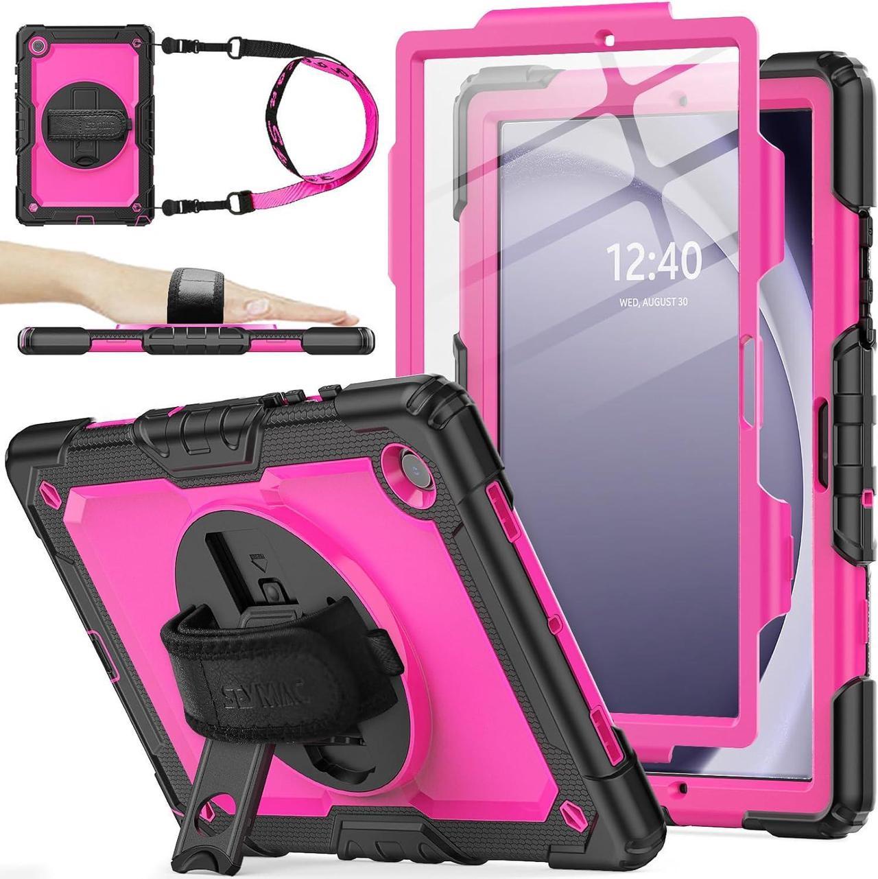 360° Hand Strap Shockproof Case for Galaxy Tab A9 Plus 11 inch, Pink+Black