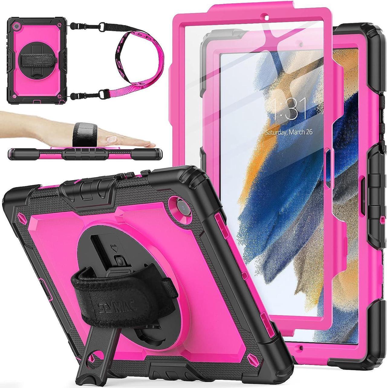 360° Hand Strap Shockproof Case for Galaxy Tab A8 10.5 inch, Pink+Black