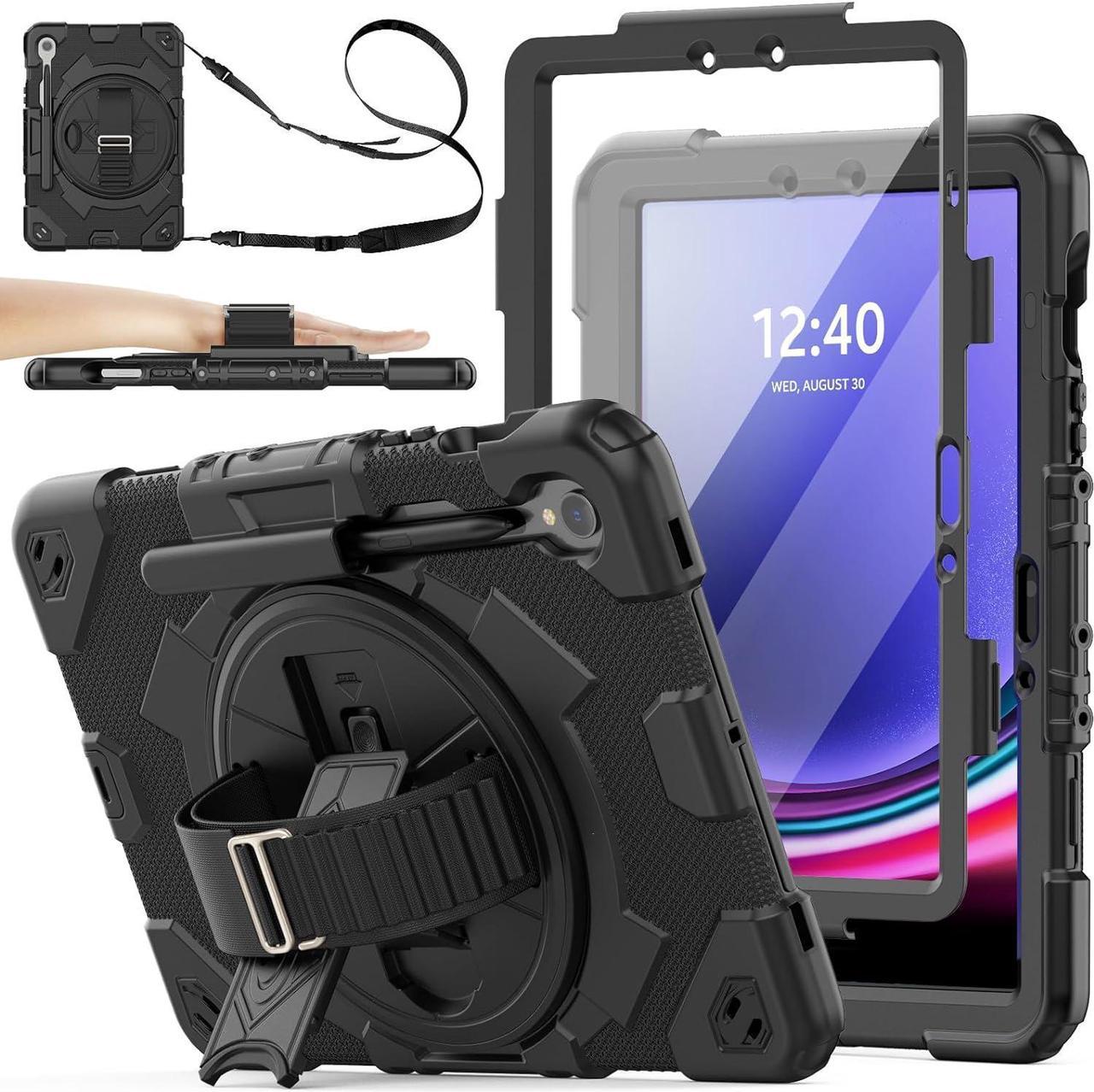 Galaxy Tab S9 FE/ S9/ S8/ S7 Full Body Meshdesign Case with Screen Protector [360° Rotating Hand Strap/Stand] Pencil Holder for Galaxy Tab S9 FE 10.9''/ S9 11'' 2023 (Black)