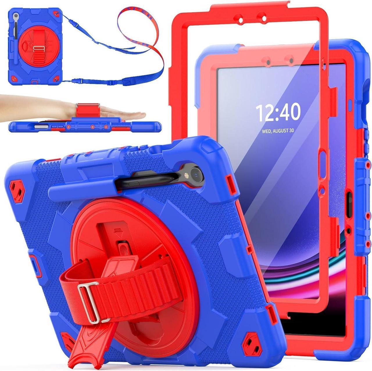 Galaxy Tab S9 FE/ S9/ S8/ S7 Full Body Meshdesign Case with Screen Protector [360° Rotating Hand Strap/Stand] Pencil Holder for Galaxy Tab S9 FE 10.9''/ S9 11'' 2023 (Red+Blue)