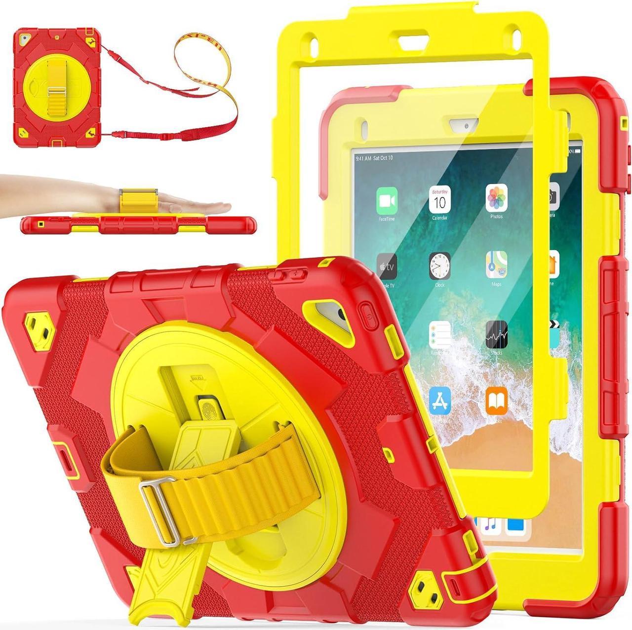 Pad 6th/5th Generation Case 9.7 with Meshdesign, Screen Protector Pencil Holder [360° Rotating Hand Strap] &Stand, Shockproof Case for Pad 6th/5th/ Air 2/ Pro 9.7 (Red+Yellow)