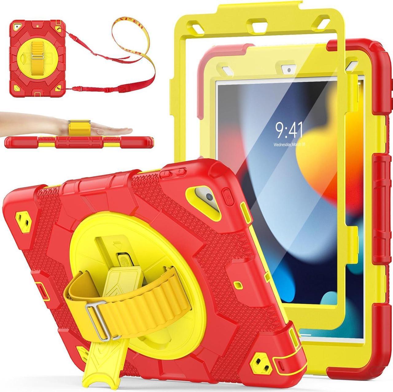 Pad 9th/ 8th/ 7th Generation Case 10.2 with Meshdesign, Screen Protector Pencil Holder [360° Rotating Hand Strap]&Stand, Shockproof Case for Pad 10.2 inch 2021/2020/2019(Red+Yellow)