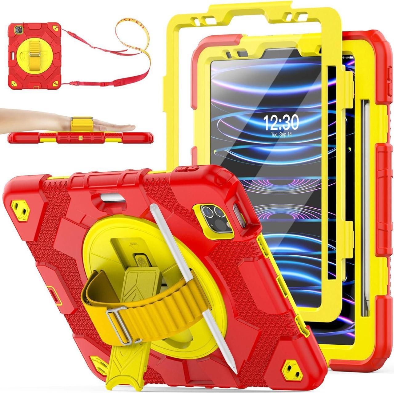 Pad Air 5th/4th Generation/Pro 11 (4th/3rd/2nd) Case, Full-Body Drop Protection Case with Meshdesign Screen Protector Pen Holder [360° Rotate Hand Strap/Stand] (Red+Yellow)