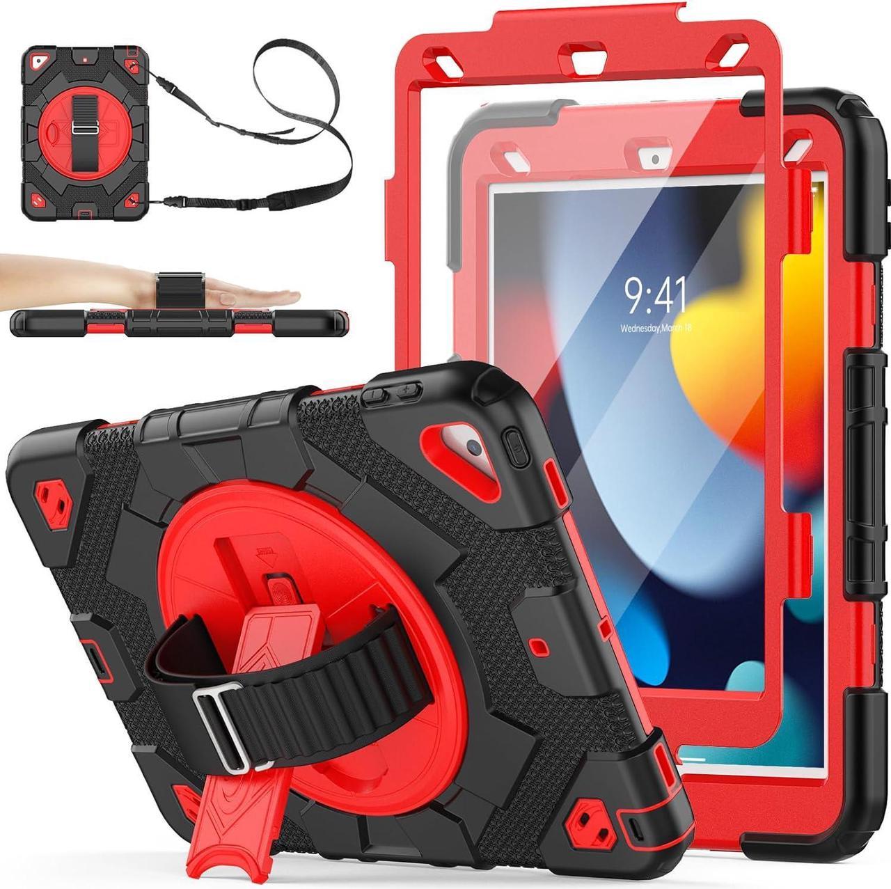 Pad 9th/ 8th/ 7th Generation Case 10.2 with Meshdesign, Screen Protector Pencil Holder [360° Rotating Hand Strap] &Stand, Shockproof Case for Pad 10.2 inch 2021/2020/2019(Black+Red)