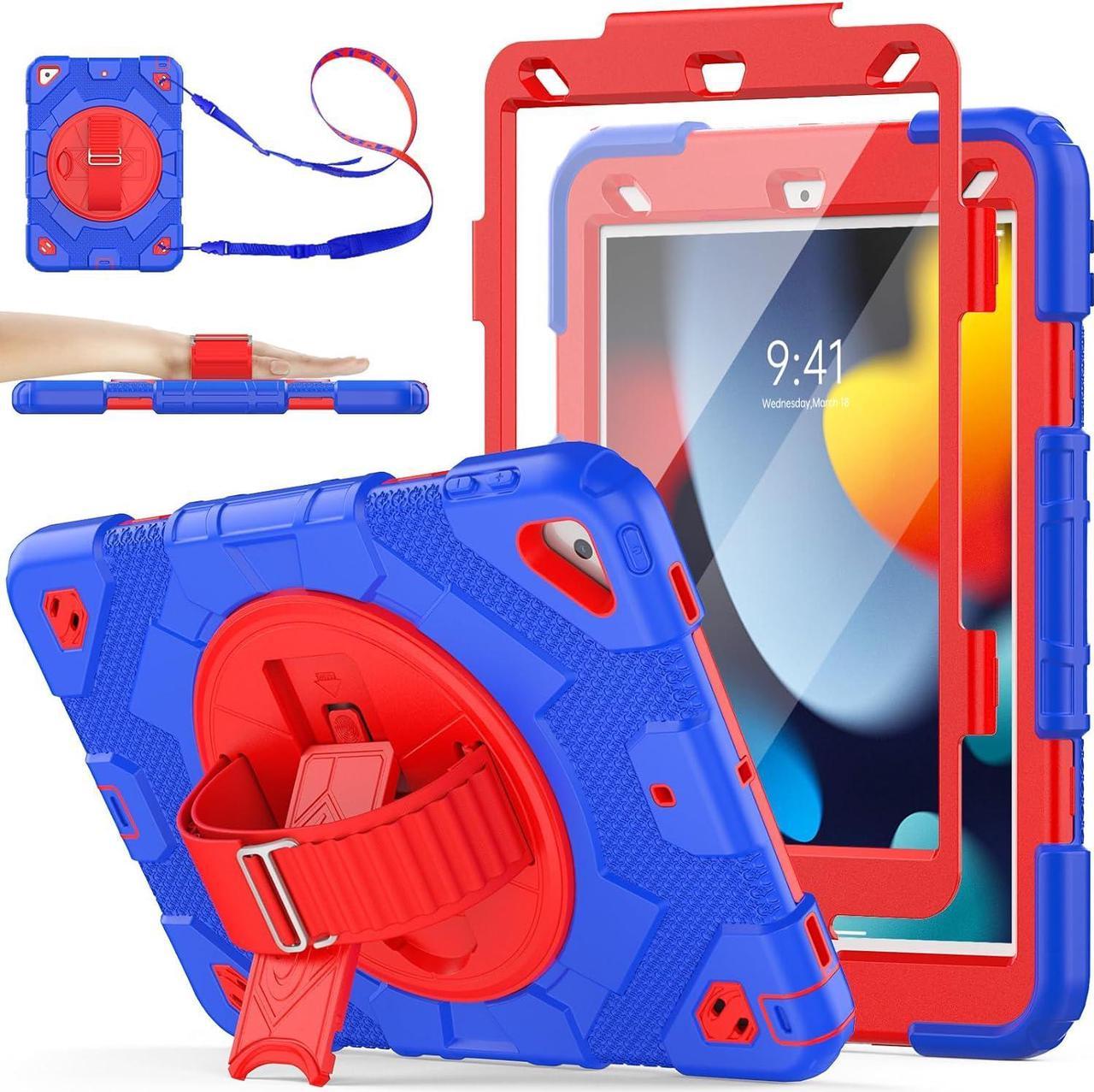 Pad 9th/ 8th/ 7th Generation Case 10.2 with Meshdesign, Screen Protector Pencil Holder [360° Rotating Hand Strap] &Stand, Shockproof Case for Pad 10.2 inch 2021/2020/2019 (Blue+Red)