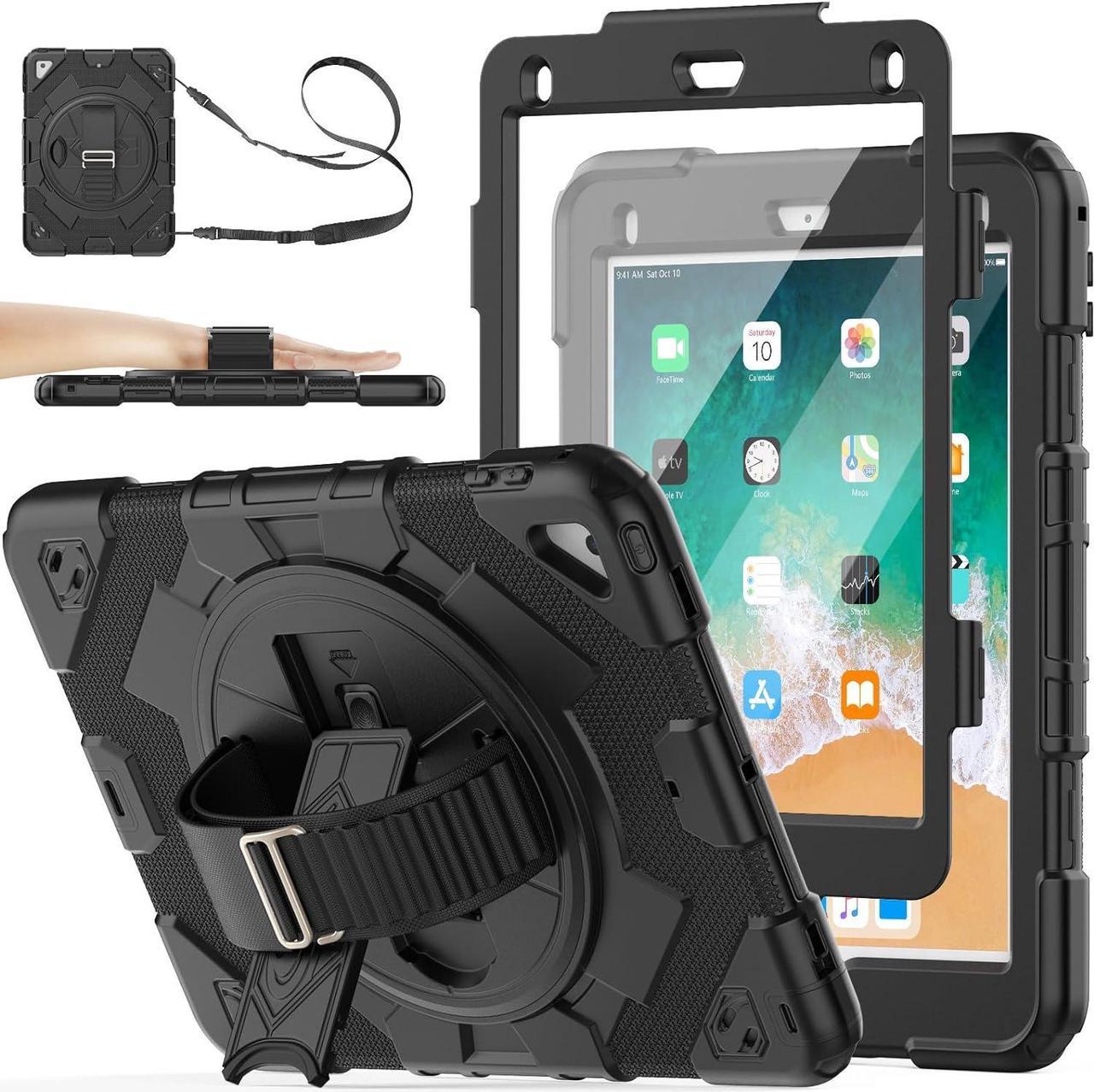 Pad 6th/5th Generation Case 9.7 with Meshdesign, Screen Protector Pencil Holder [360° Rotating Hand Strap] &Stand, Shockproof Case for Pad 6th/5th/ Air 2/ Pro 9.7 (Black)