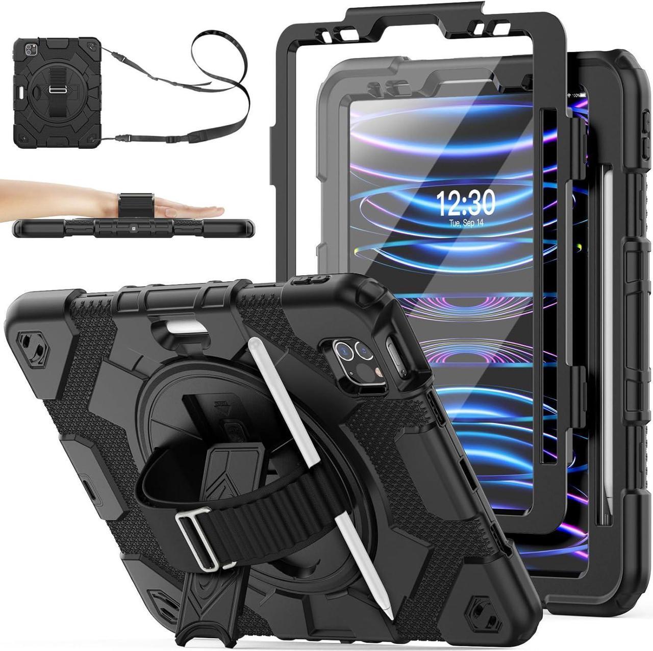 Pad Air 5th/4th Generation/Pro 11 (4th/3rd/2nd) Case, Full-Body Drop Protection Case with Meshdesign Screen Protector Pen Holder [360° Rotate Hand Strap/Stand] (Black)