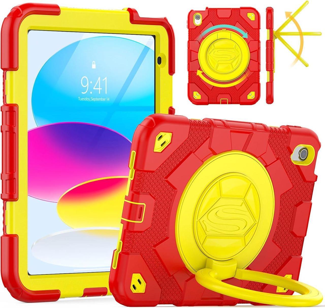 Pad 10th Generation Case 10.9'' with Screen Protector, 360° Rotating Handle Stand, Shoulder Strap & Pencil Holder, Heavy Duty Shockproof Case for Pad 10th Generation 2022 (Red+Yellow)