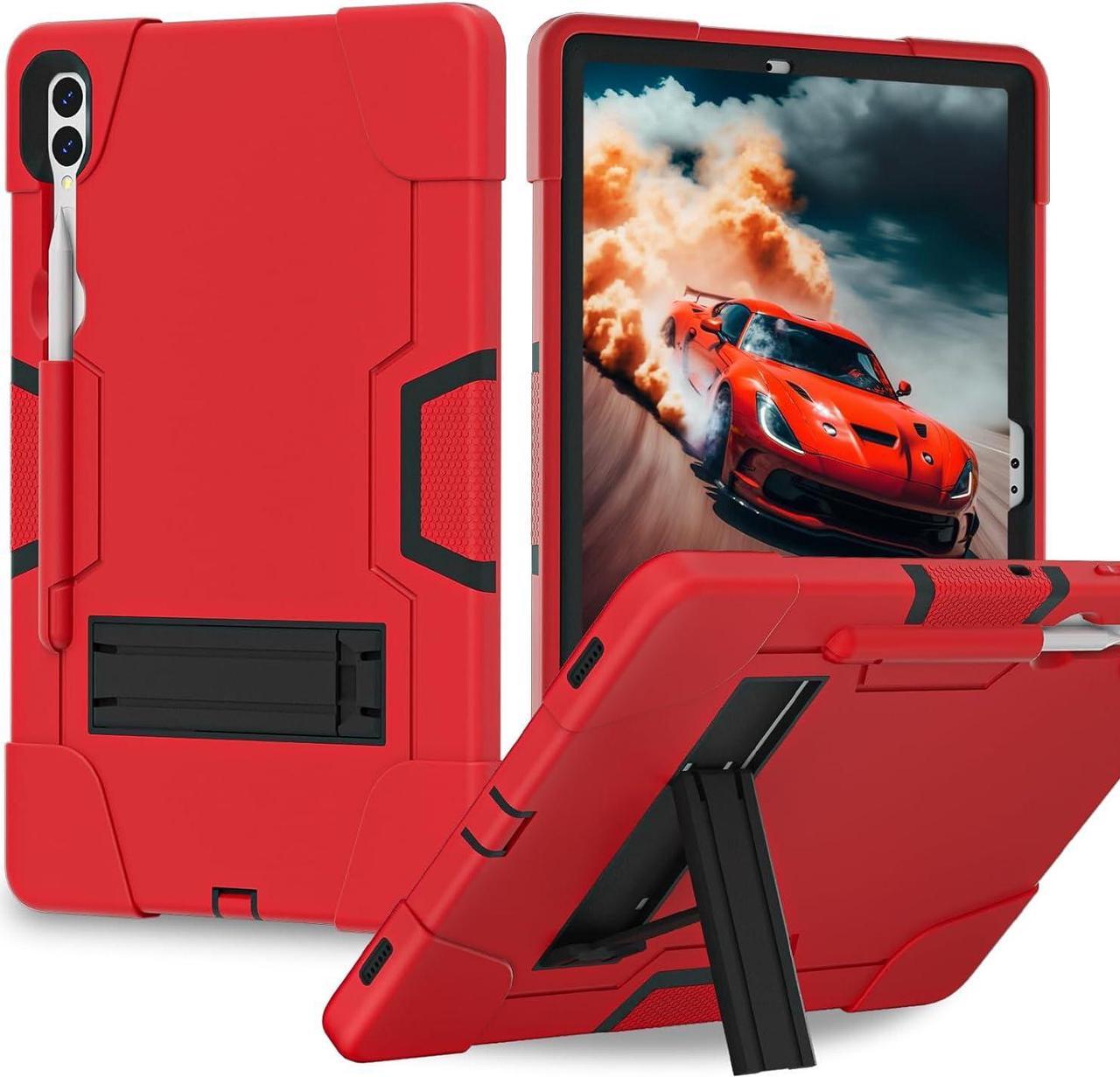 Shockproof Kickstand Case for Galaxy Tab S9 Plus/S9 FE Plus 12.4'', Heavy Duty Hybrid Rugged Three Layer Soft Silicone +Hard PC with S-Pen Holder Cover for  Tab S9+ S9 FE+ 2023 (Red)