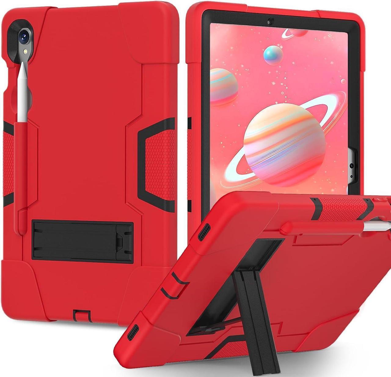 Shockproof Kickstand Case for Galaxy Tab S9 11''/S9 FE 10.9'', Heavy Duty Hybrid Rugged Three Layer Soft Silicone+Hard PC with S-Pen Holder Cover for  Tab S9/S9 FE 2023 (Red)