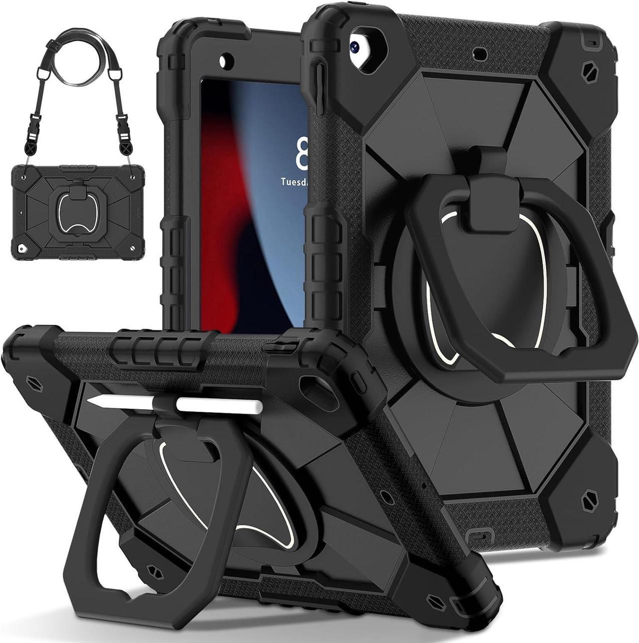 for Pad 9th/8th/7th 10.2'' Case, Shockproof Hybrid Rugged Heavy Duty with Rotating Handle Stand/Pencil Holder/Hand Carrying Strap Kids Friendly Protectionfor  Pad 9/8/7 Gen (Black)