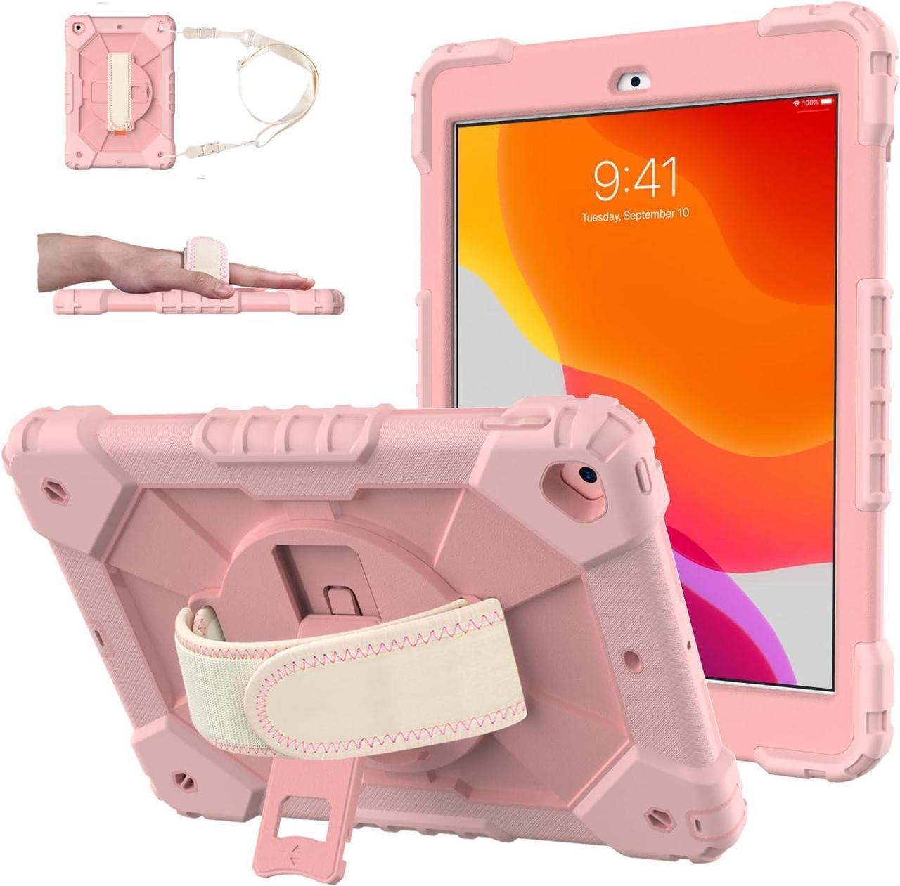 Case for Pad 9th/8th/7th Gen 10.2''Shockproof Rugged Heavy Duty Hybrid PC+TPU 360° Rotating Hand Strap&Kickstand Shoulder Strap for  10.2 inch Pad 9/8/7 2021/2020/2019 (Rose Gold)