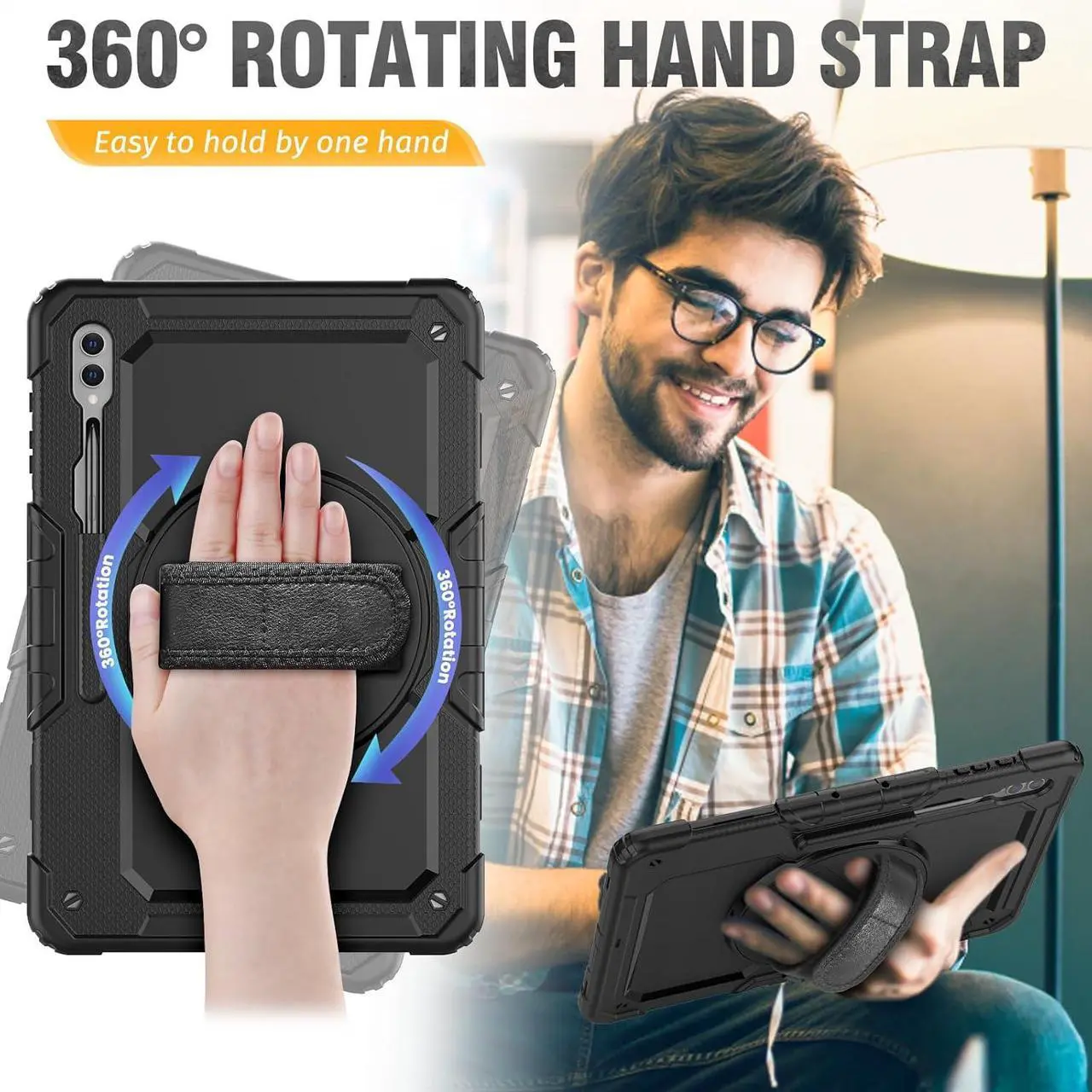 Alt view image 3 of 7 - for  Galaxy Tab S9 Ultra Case 14.6 inch / S8 Ultra Case with Screen Protector/Pen Holder/Rotating Strap (SM-X910/X916B/X918U/X900/X906) Heavy Duty Case S9 Ultra Tablet Case - Black