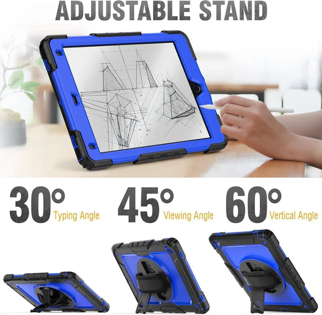 Alt view image 4 of 7 - for iPad 6th/5th Generation Case, iPad Air 2 / Pro 9.7 inch Case with Pencil Holder/Screen Protector/Hand Strap Stand [3-Layer] iPad 9.7 Case 2018/2017/2016/2014 Full Body Protective - Blue