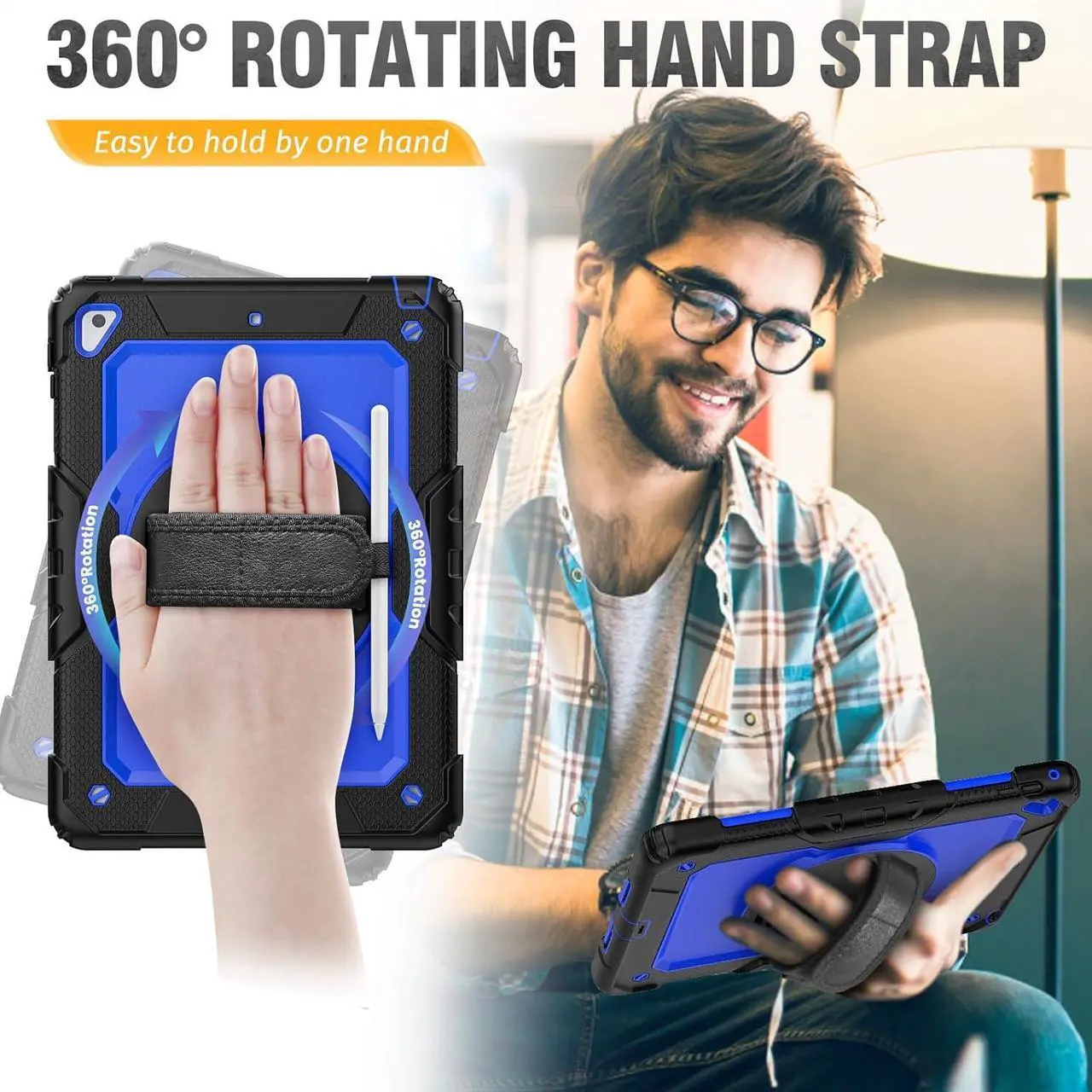 Alt view image 5 of 7 - for iPad 6th/5th Generation Case, iPad Air 2 / Pro 9.7 inch Case with Pencil Holder/Screen Protector/Hand Strap Stand [3-Layer] iPad 9.7 Case 2018/2017/2016/2014 Full Body Protective - Blue