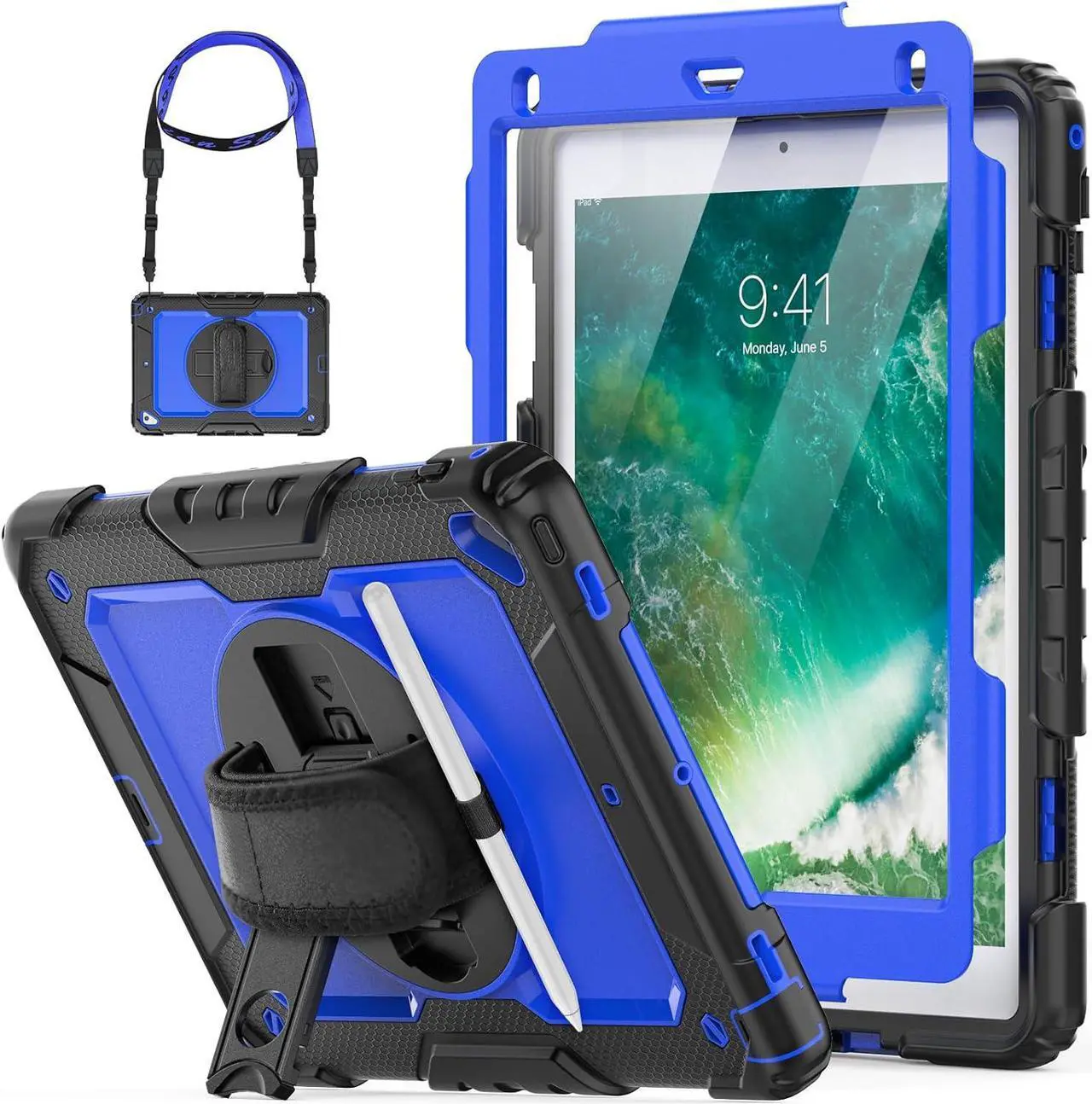 Alt view image 2 of 7 - for iPad 6th/5th Generation Case, iPad Air 2 / Pro 9.7 inch Case with Pencil Holder/Screen Protector/Hand Strap Stand [3-Layer] iPad 9.7 Case 2018/2017/2016/2014 Full Body Protective - Blue