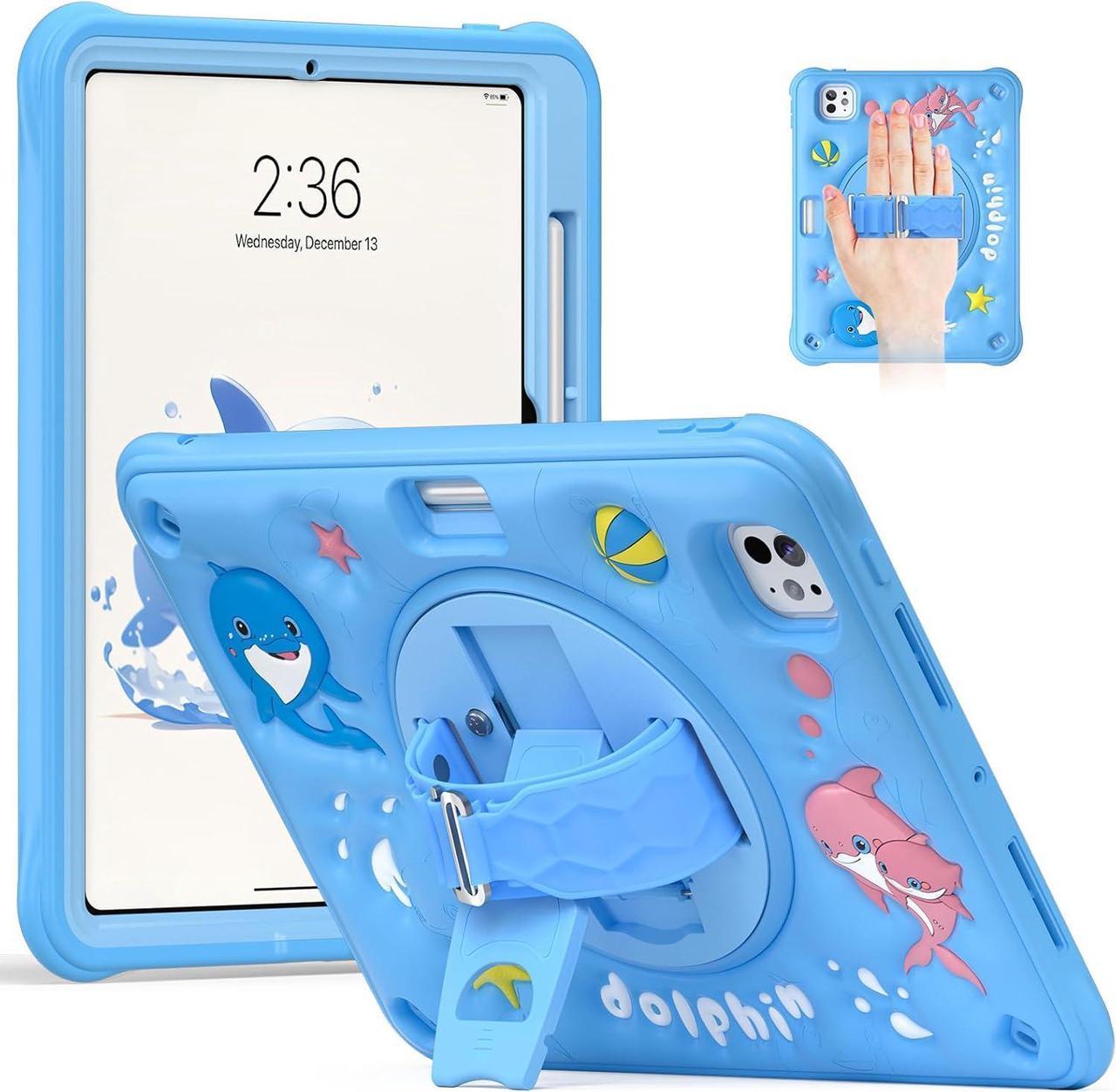 Kids Case for iPad Air 11 inch 2024 Air 5th Adorable 3D Duck Design Silicone Durable Multi-Layer Protection, 360° Rotating Hand Strap and Kickstand, Built-in Pen Slot, Safe and Fun Use