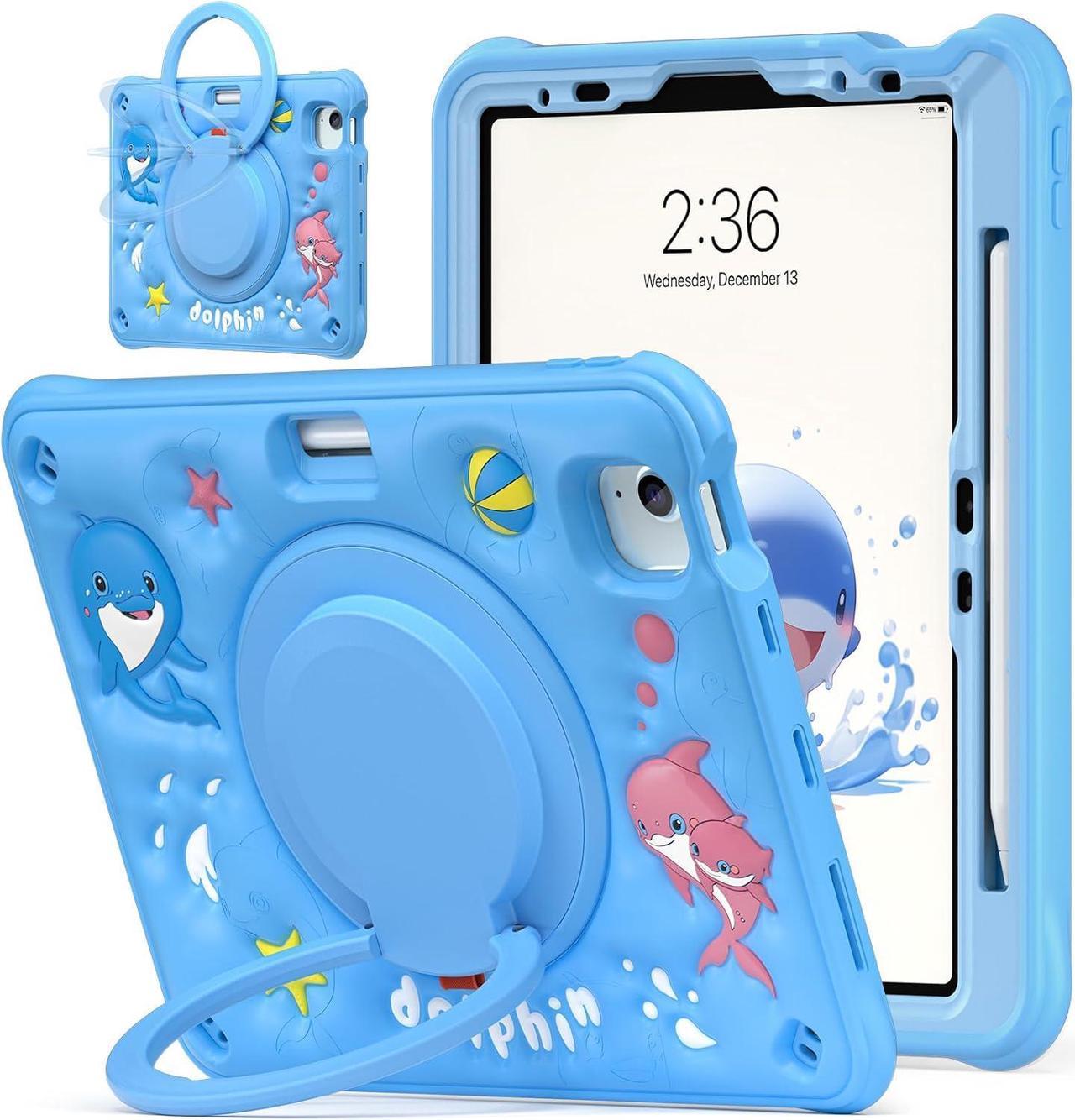 Kids Case for iPad Air 11 inch 2024 Cute 3D Dolphin Design Multi-Layer Protection, 360° Rotating Kickstand, Built-in Pen Slot, Shock-Absorbing Corners, Easy Installation for Safe and Fun Use