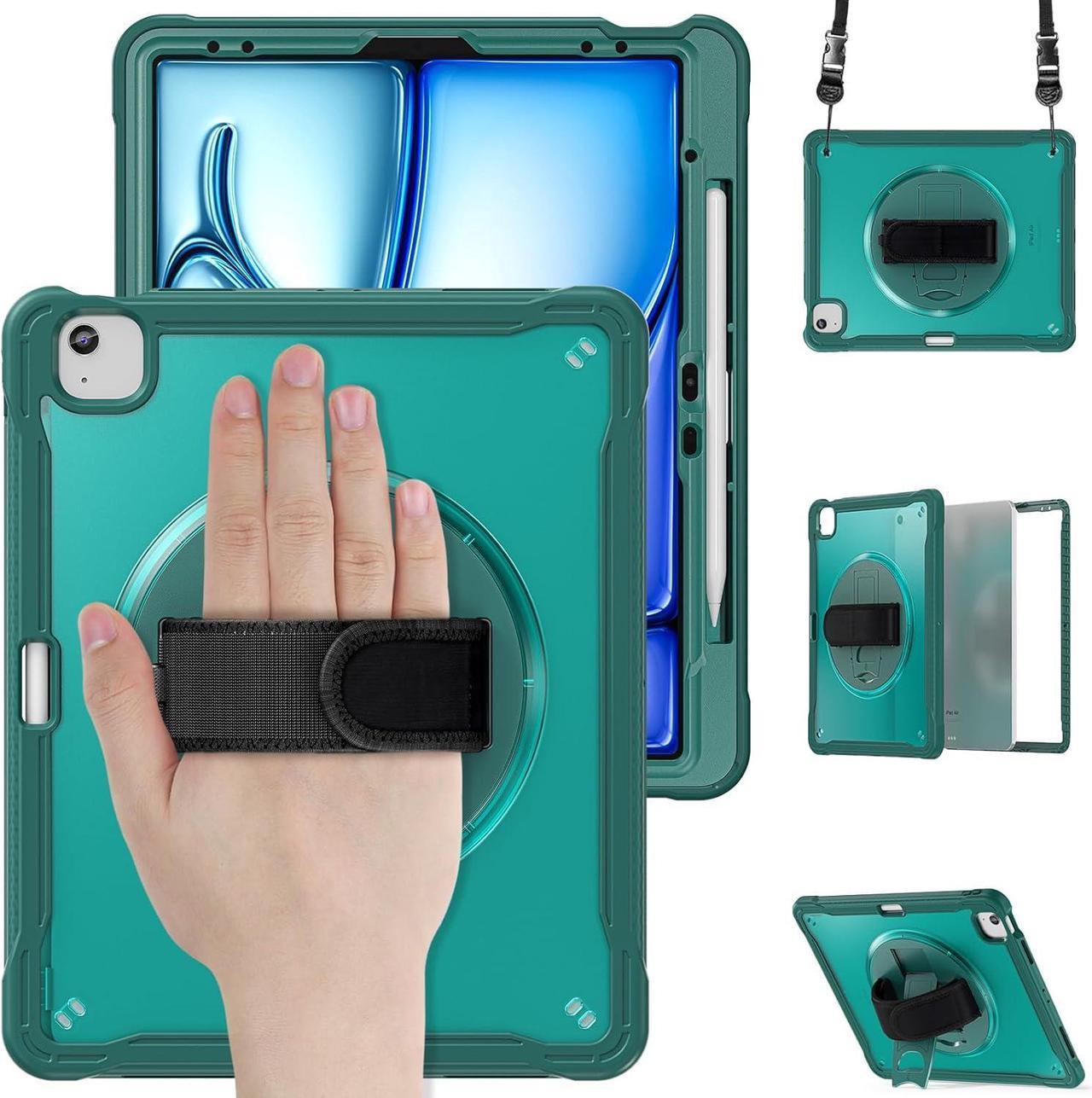 iPad Air 13 inch Case 2024 M2 Chip Dual-Layer Protective Tablet Cover,Lightweight Durable,Shock-Absorbing Corners with 360° Rotating Hand Strap and Hidden Kickstand & Shoulder Strap, Teal