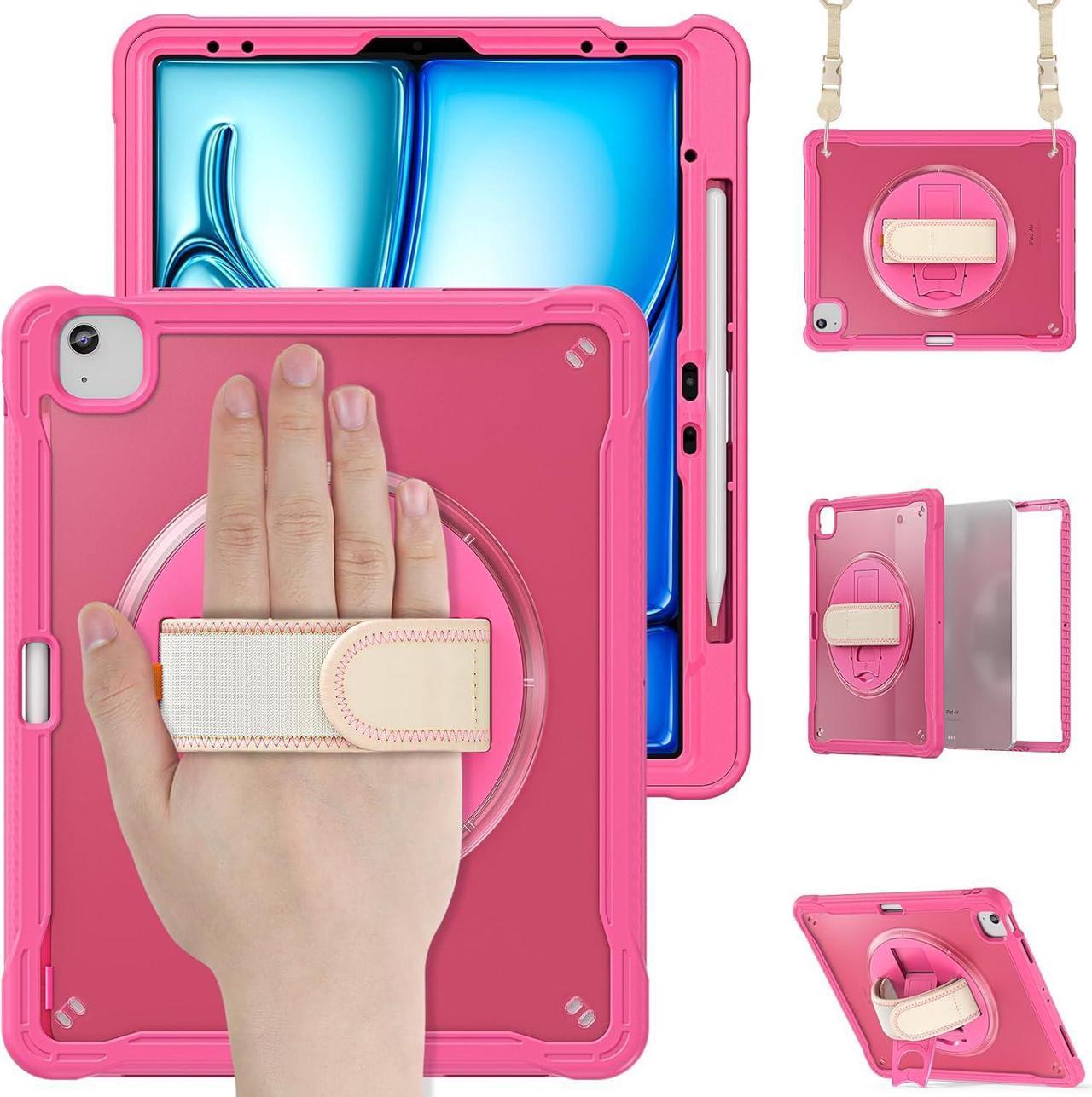 iPad Air 13 inch Case 2024 M2 Chip Dual-Layer Protective Tablet Cover,Lightweight Durable,Shock-Absorbing Corners with 360° Rotating Hand Strap and Hidden Kickstand & Shoulder Strap, Pink