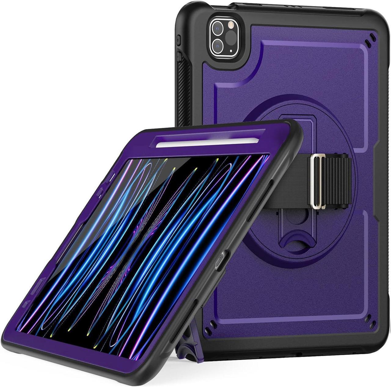 Case for iPad Air 5 (2022) M1 Chip/iPad Air 4th 2020 10.9 inch Multilayered Rugged Durable Shockproof Tablet Cover with 360° Rotating Hand Strap Foldable Hidden Stand, Purple