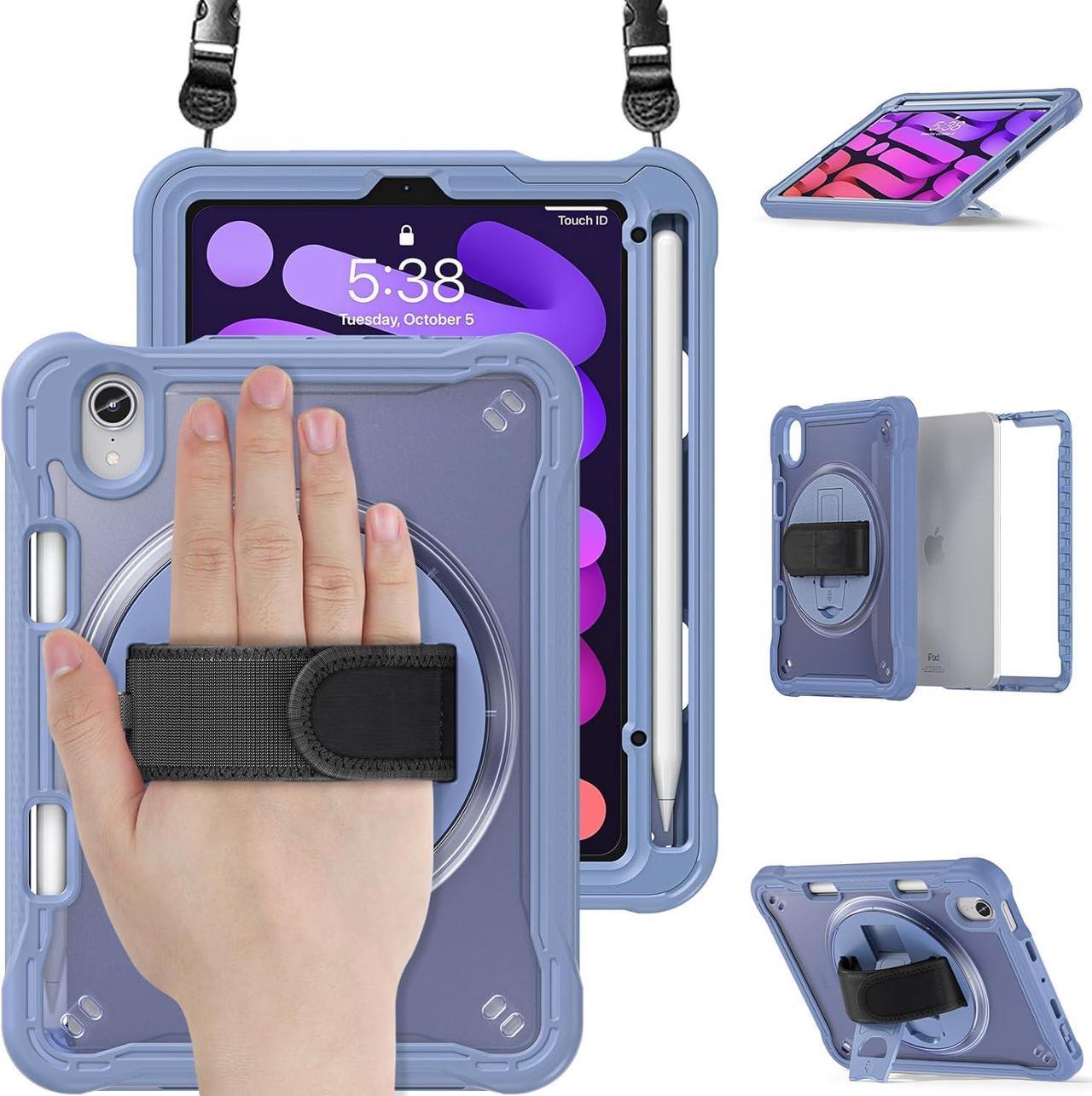 Case for iPad Mini 6 8.3 Inch 2021 with Pencil Holder Heavy Duty Rugged Shockproof Tablet Cover with 360° Rotating Hand Strap Foldable Hidden Stand & Shoulder Strap, Lavender