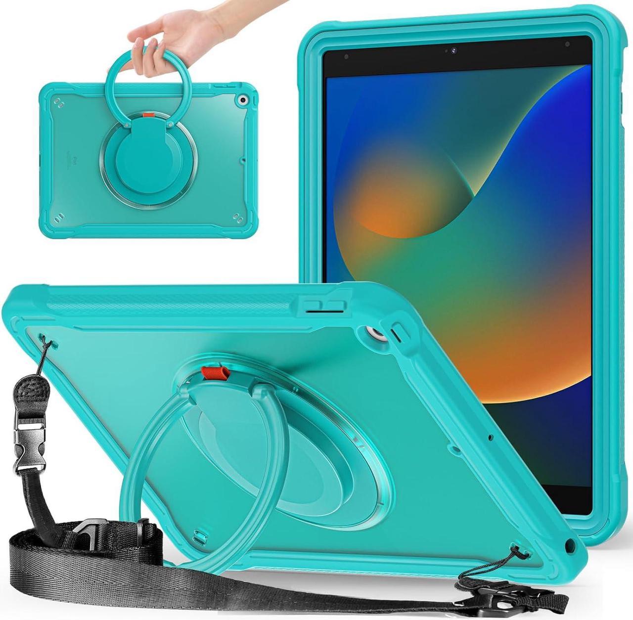 Ultimate Protection Case for iPad 10.2 Inch 9th / 8th / 7th Generation (2021/2020 / 2019) Sturdy Shockproof Tablet Cover with 360° Rotatable Kickstand & Shoulder Strap/Pencil Holder, Blue