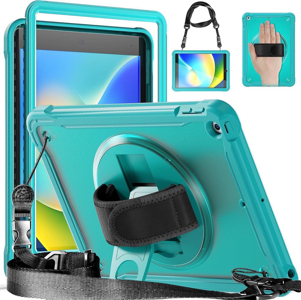 Case for iPad 10.2 inch 9th / 8th / 7th Generation (2021/2020 / 2019) Heavy Duty Rugged Shockproof Tablet Cover with 360° Rotating Hand Strap Foldable Hidden Stand & Shoulder Strap, Blue