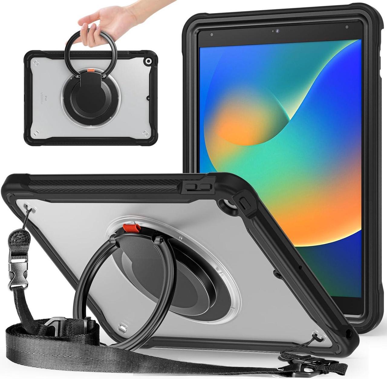 Ultimate Protection Case for iPad 10.2 Inch 9th / 8th / 7th Generation (2021/2020 / 2019) Sturdy Shockproof Tablet Cover with 360° Rotatable Kickstand & Shoulder Strap/Pencil Holder, Black