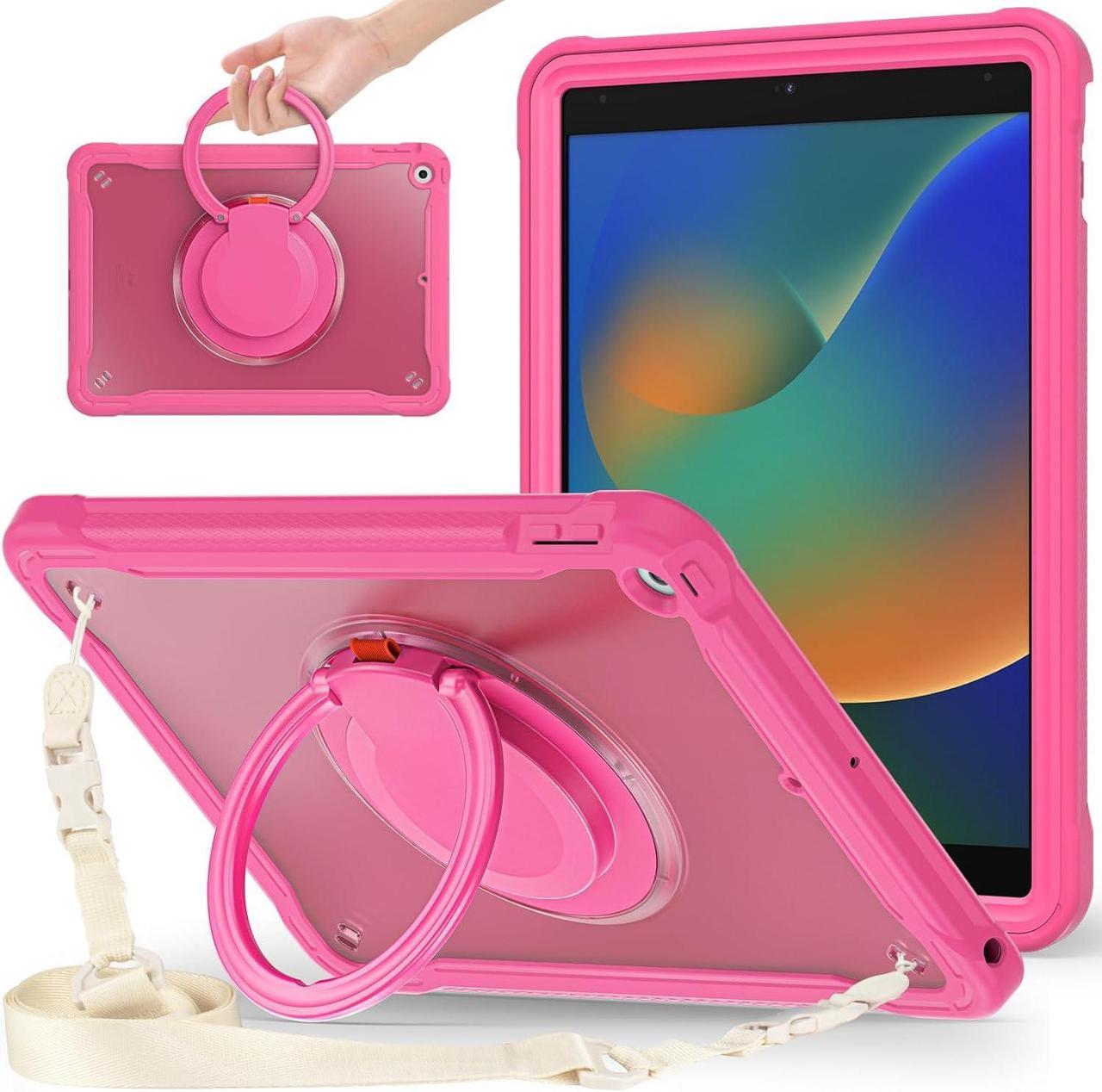 Ultimate Protection Case for iPad 10.2 Inch 9th / 8th / 7th Generation (2021/2020 / 2019) Sturdy Shockproof Tablet Cover with 360° Rotatable Kickstand & Shoulder Strap/Pencil Holder, Pink