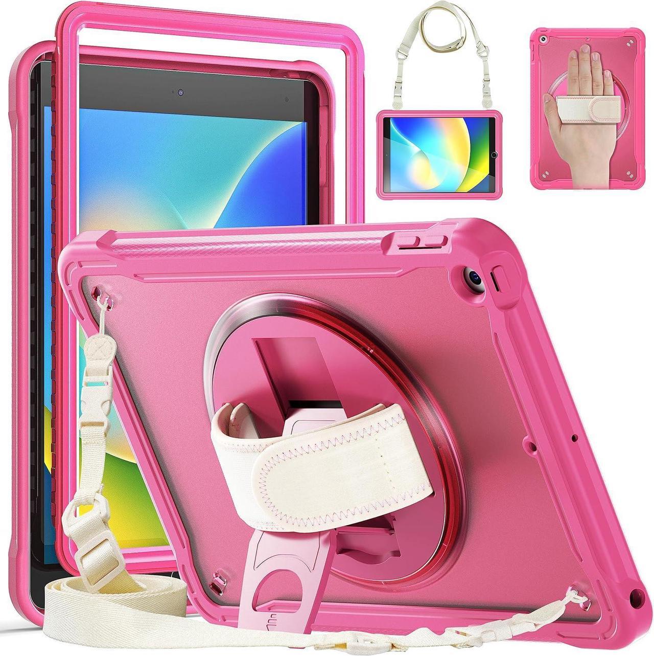 Case for iPad 10.2 inch 9th / 8th / 7th Generation (2021/2020 / 2019) Heavy Duty Rugged Shockproof Tablet Cover with 360° Rotating Hand Strap Foldable Hidden Stand & Shoulder Strap, Pink